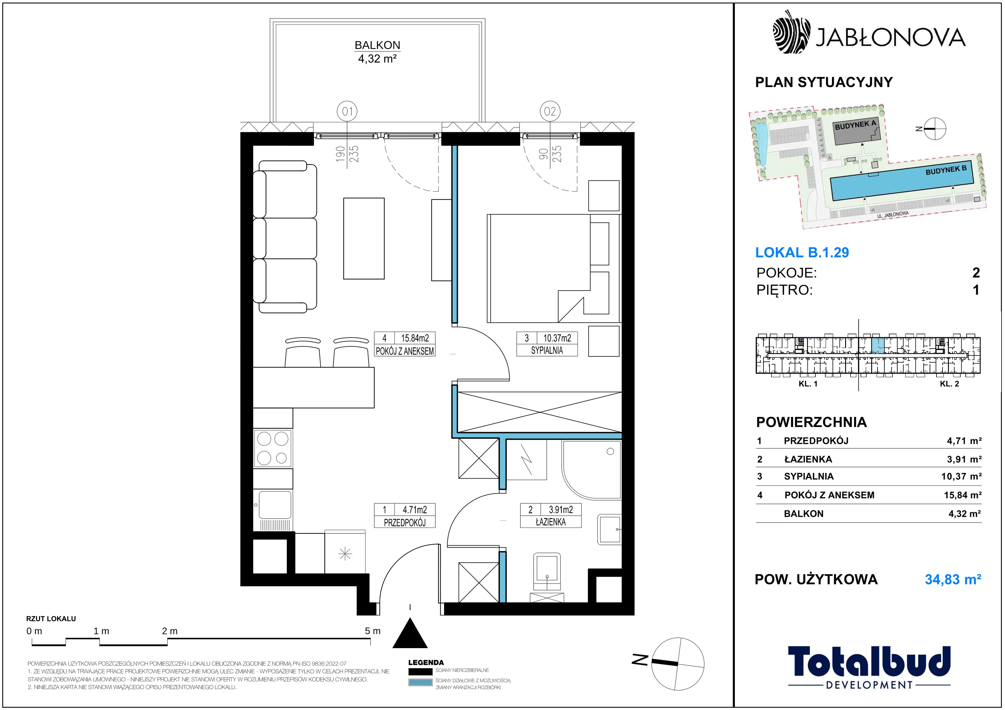 2 pokoje, mieszkanie 34,83 m², piętro 1, oferta nr B.1.29, Jabłonova Bud. B, Piaseczno, ul. Jabłoniowa