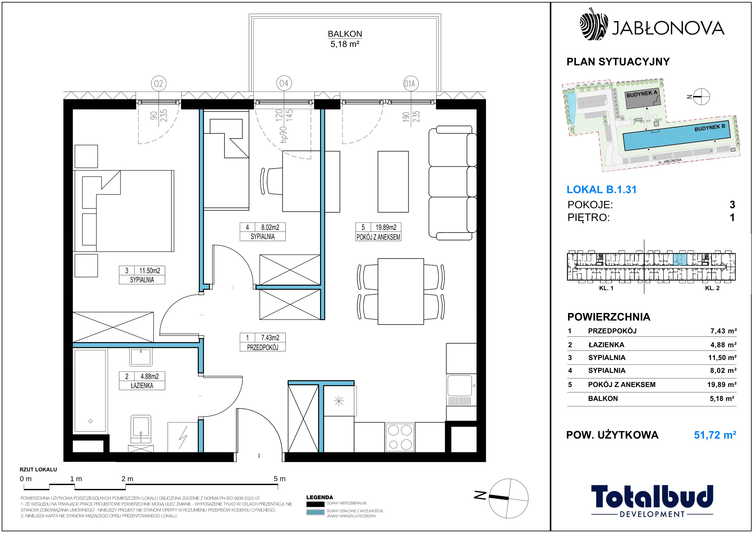 3 pokoje, mieszkanie 51,72 m², piętro 1, oferta nr B.1.31, Jabłonova Bud. B, Piaseczno, ul. Jabłoniowa