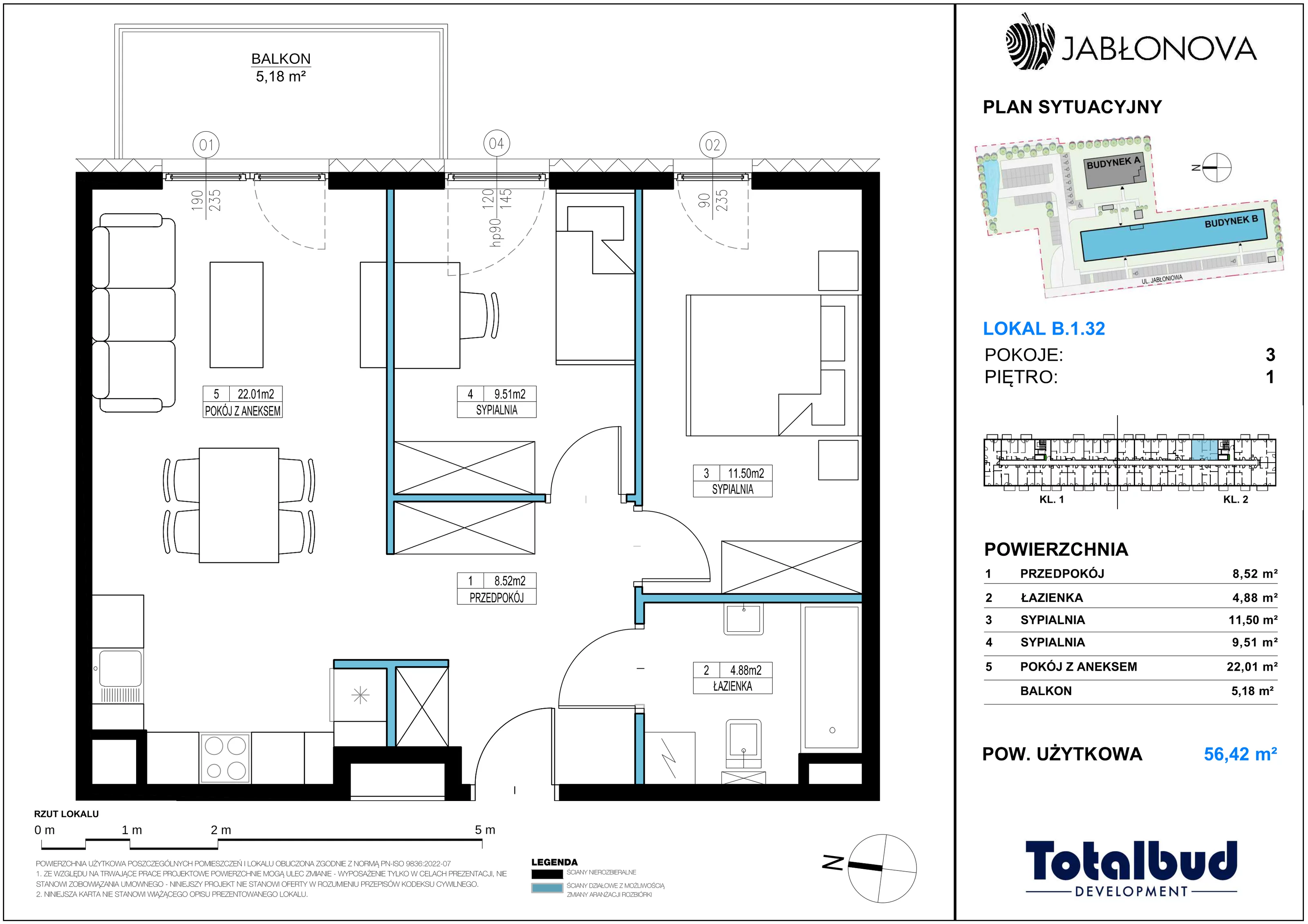 3 pokoje, mieszkanie 56,42 m², piętro 1, oferta nr B.1.32, Jabłonova Bud. B, Piaseczno, ul. Jabłoniowa