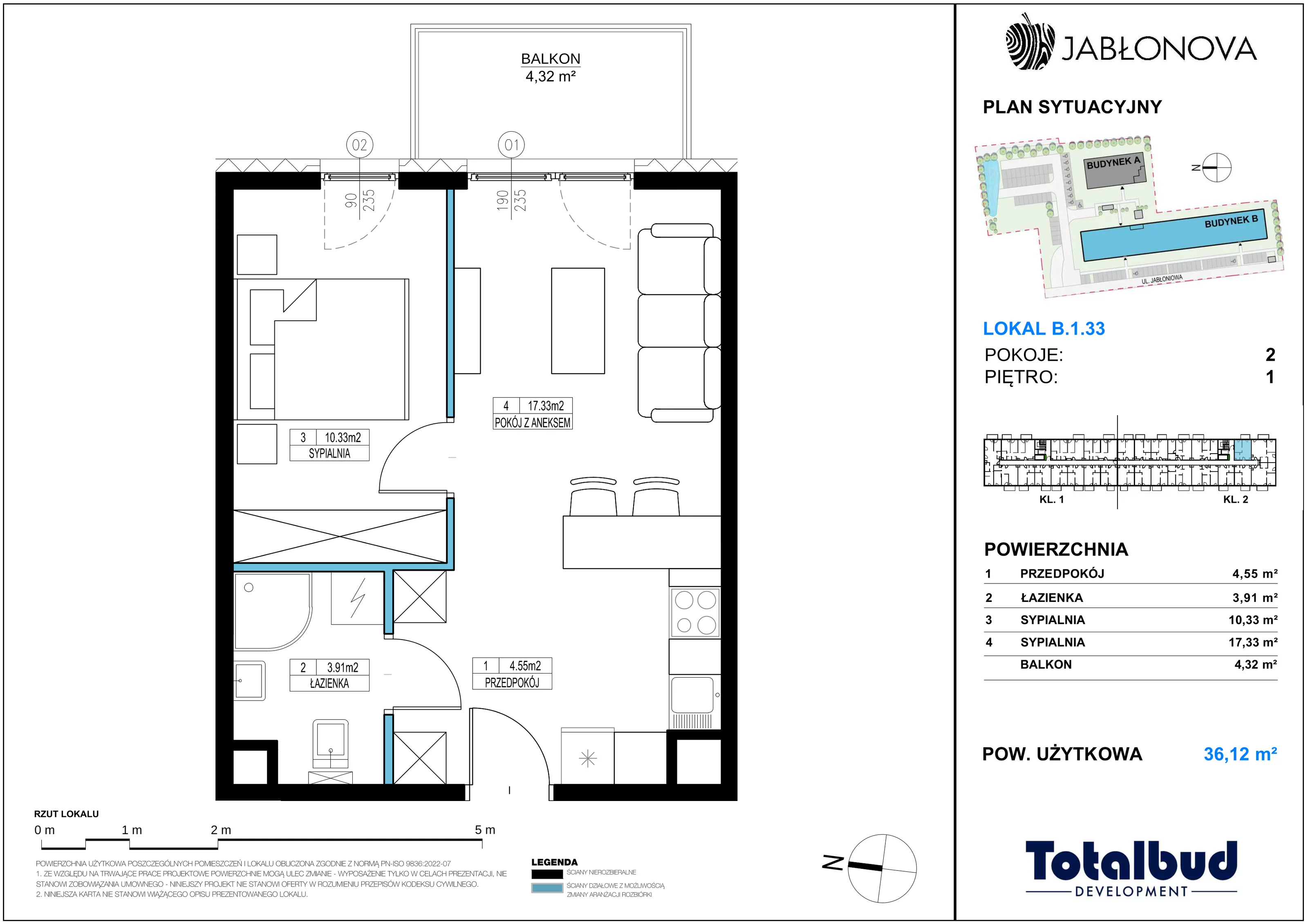 2 pokoje, mieszkanie 36,12 m², piętro 1, oferta nr B.1.33, Jabłonova Bud. B, Piaseczno, ul. Jabłoniowa