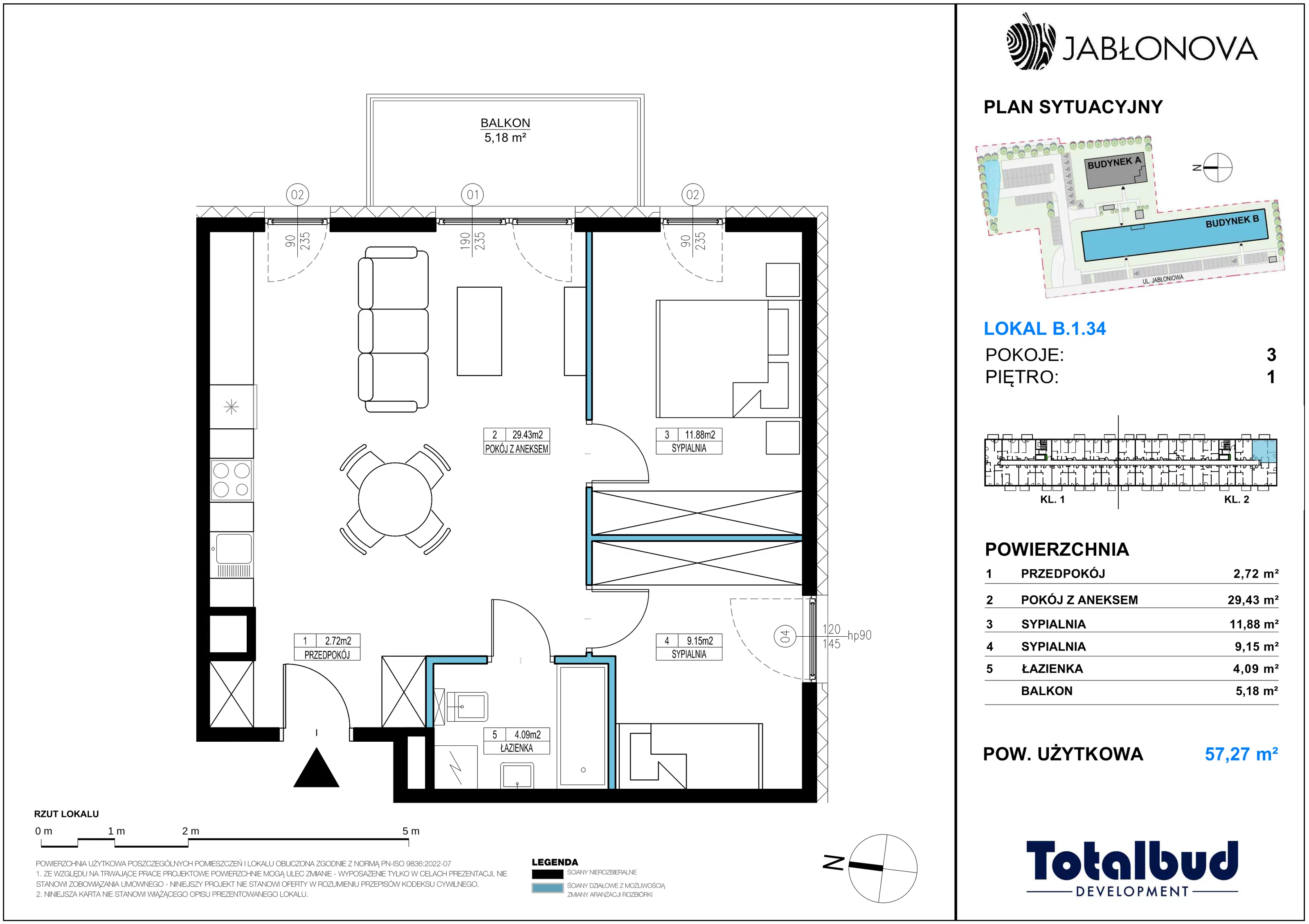 3 pokoje, mieszkanie 57,27 m², piętro 1, oferta nr B.1.34, Jabłonova Bud. B, Piaseczno, ul. Jabłoniowa