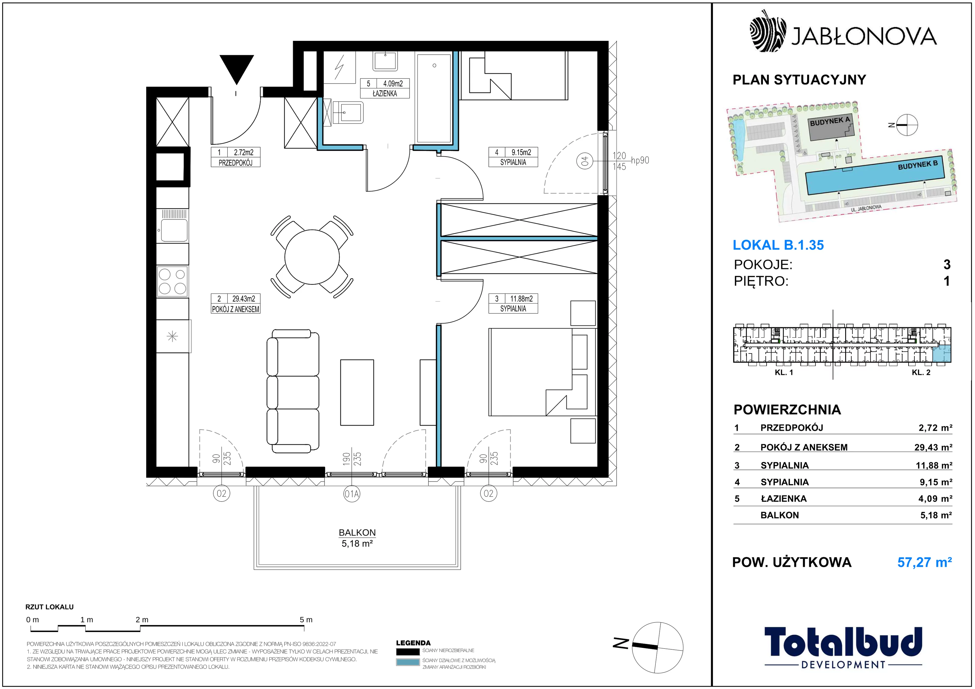 3 pokoje, mieszkanie 57,27 m², piętro 1, oferta nr B.1.35, Jabłonova Bud. B, Piaseczno, ul. Jabłoniowa