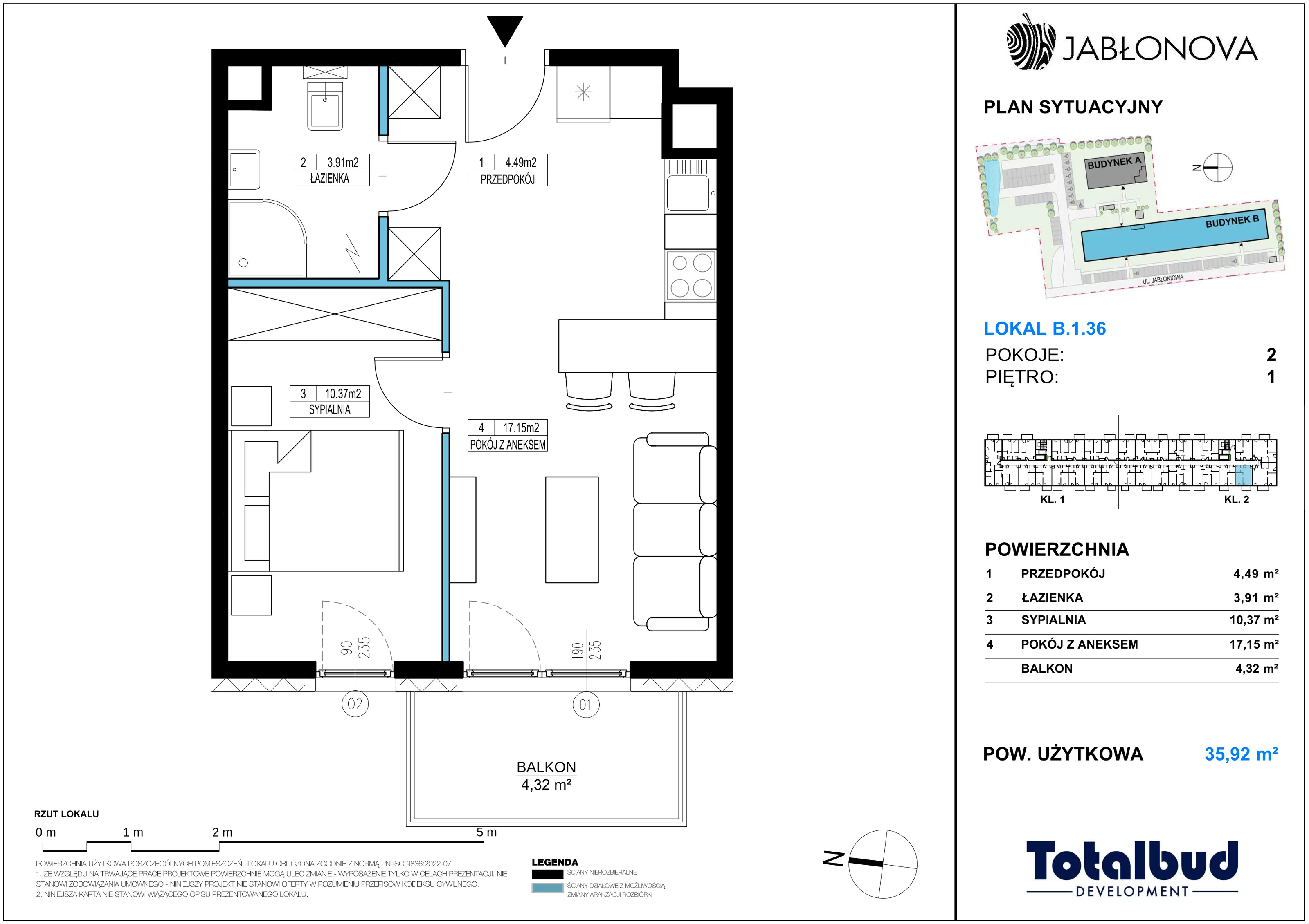 2 pokoje, mieszkanie 35,92 m², piętro 1, oferta nr B.1.36, Jabłonova Bud. B, Piaseczno, ul. Jabłoniowa