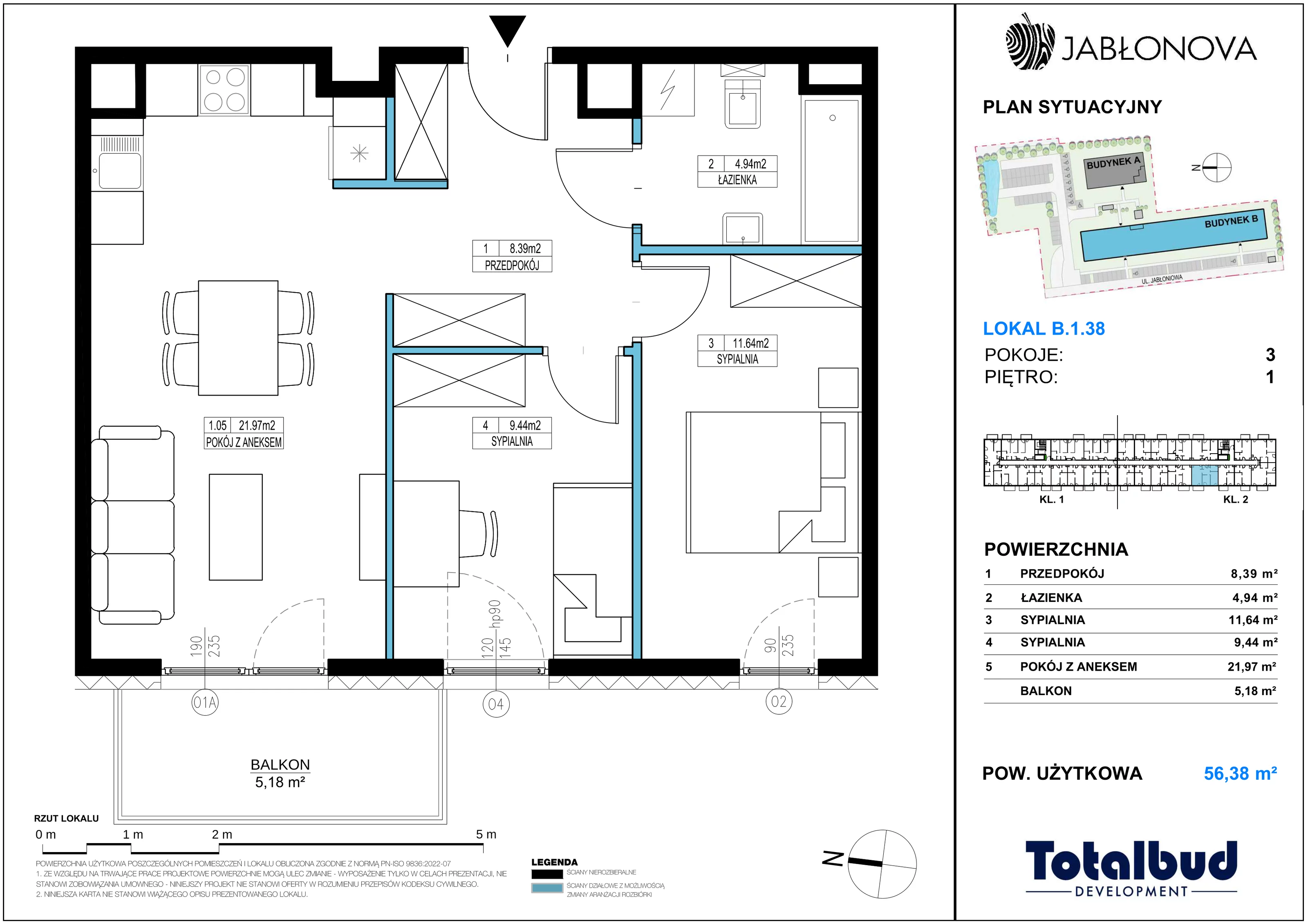 3 pokoje, mieszkanie 56,38 m², piętro 1, oferta nr B.1.38, Jabłonova Bud. B, Piaseczno, ul. Jabłoniowa