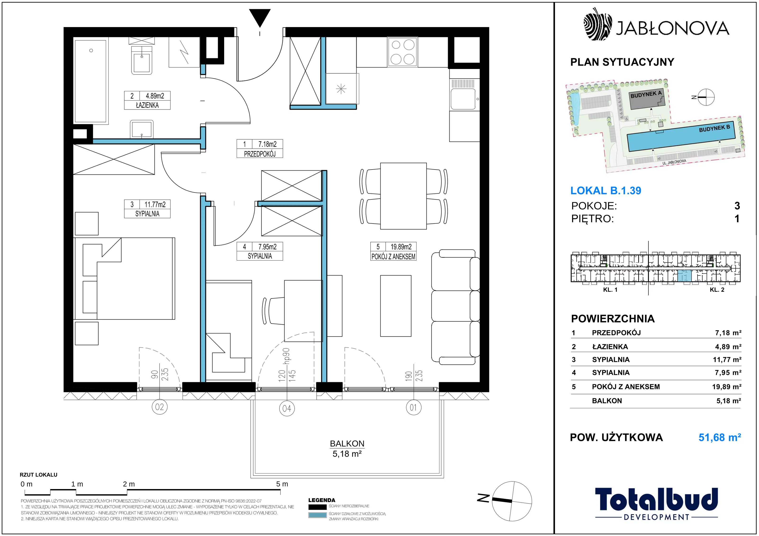 3 pokoje, mieszkanie 51,68 m², piętro 1, oferta nr B.1.39, Jabłonova Bud. B, Piaseczno, ul. Jabłoniowa