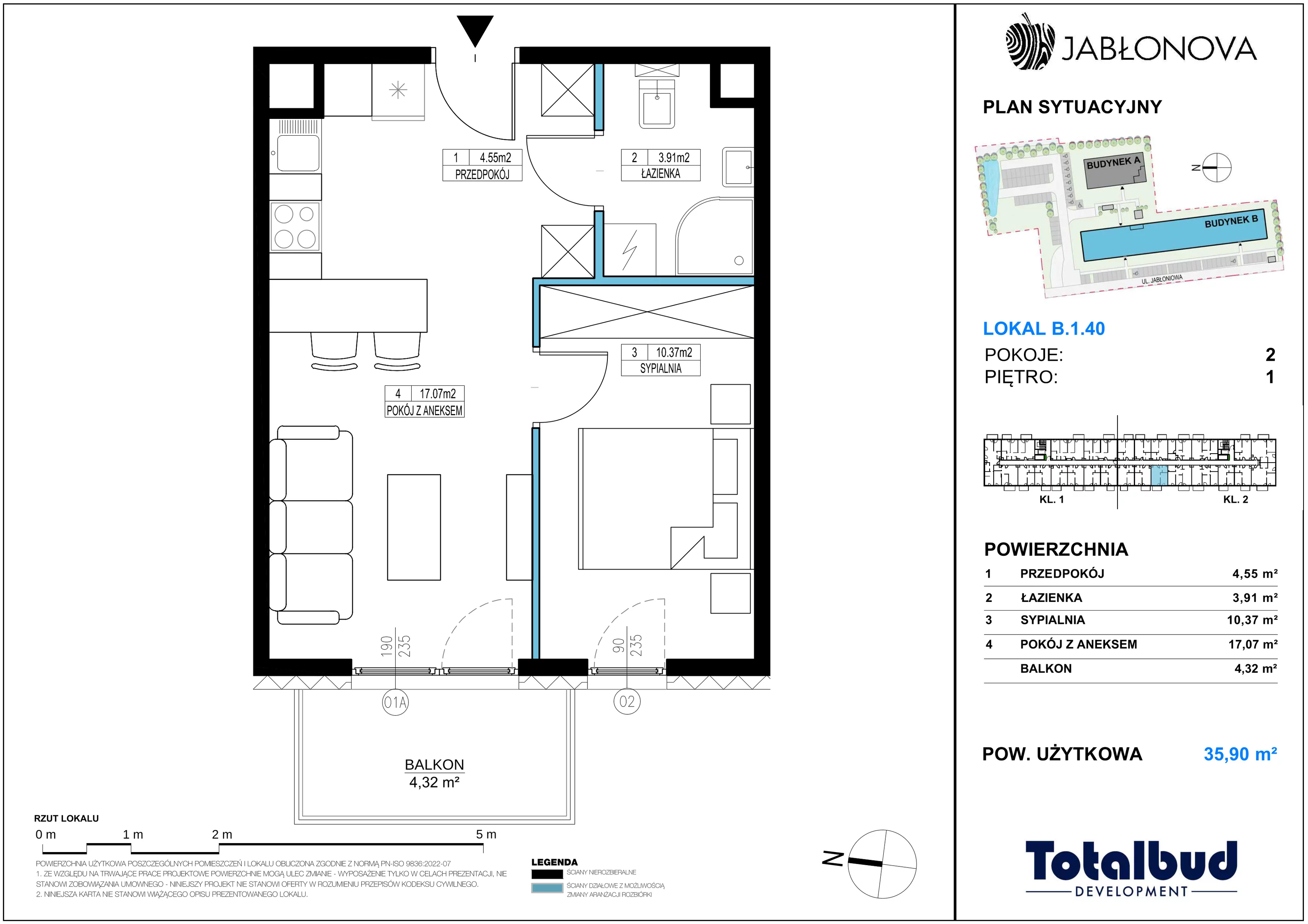 2 pokoje, mieszkanie 35,90 m², piętro 1, oferta nr B.1.40, Jabłonova Bud. B, Piaseczno, ul. Jabłoniowa