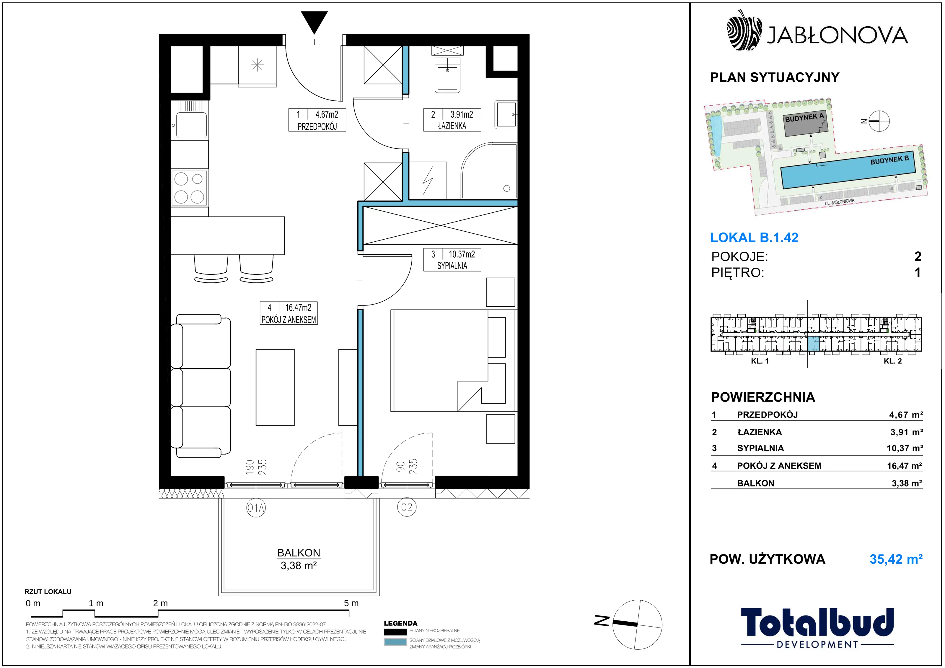 2 pokoje, mieszkanie 35,42 m², piętro 1, oferta nr B.1.42, Jabłonova Bud. B, Piaseczno, ul. Jabłoniowa