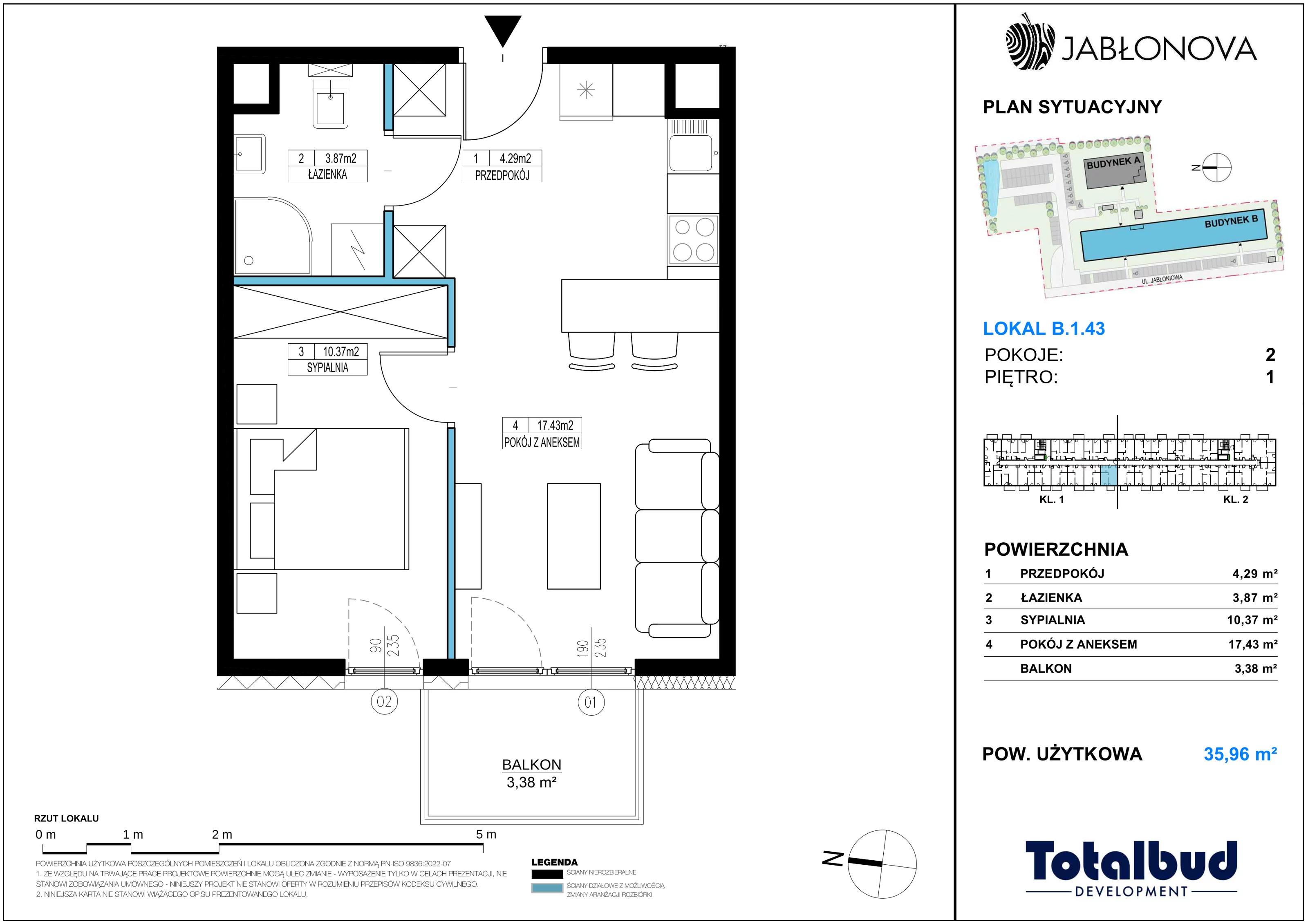2 pokoje, mieszkanie 35,96 m², piętro 1, oferta nr B.1.43, Jabłonova Bud. B, Piaseczno, ul. Jabłoniowa