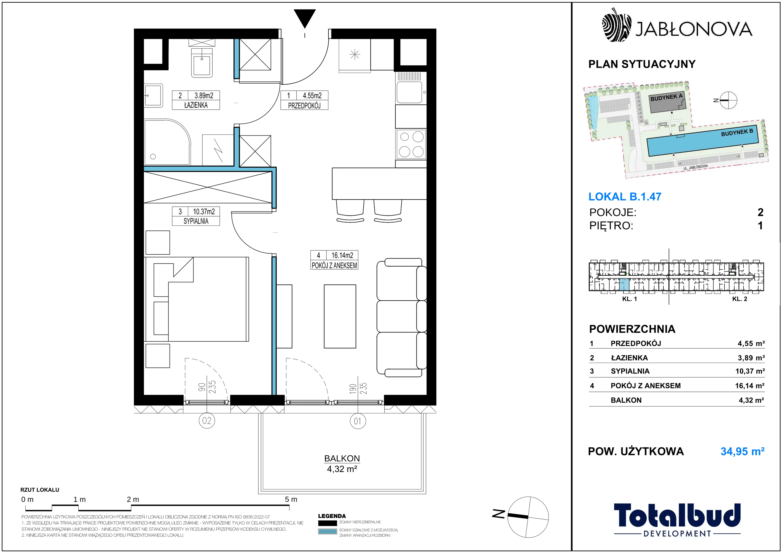 2 pokoje, mieszkanie 34,95 m², piętro 1, oferta nr B.1.47, Jabłonova Bud. B, Piaseczno, ul. Jabłoniowa