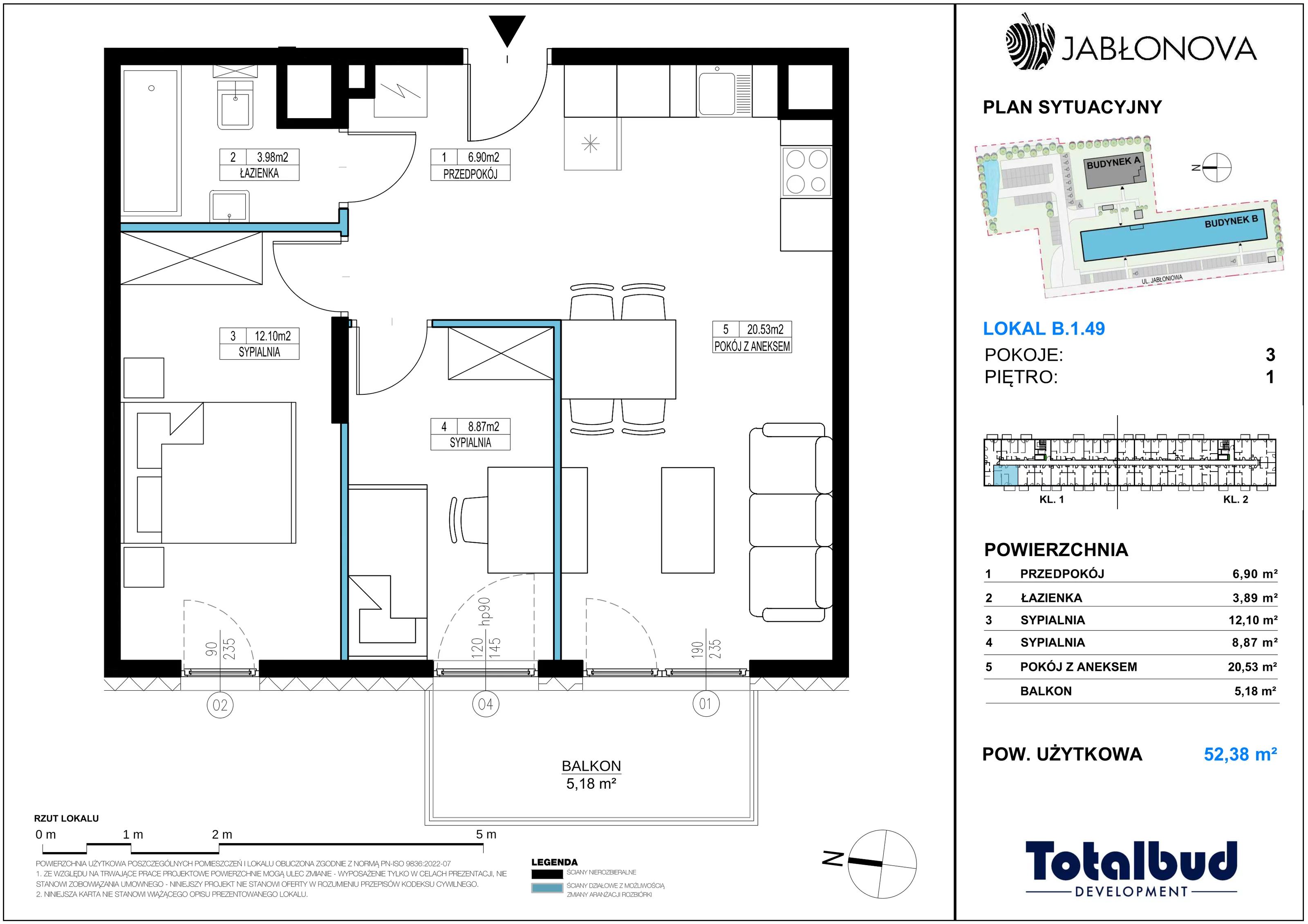 3 pokoje, mieszkanie 52,38 m², piętro 1, oferta nr B.1.49, Jabłonova Bud. B, Piaseczno, ul. Jabłoniowa