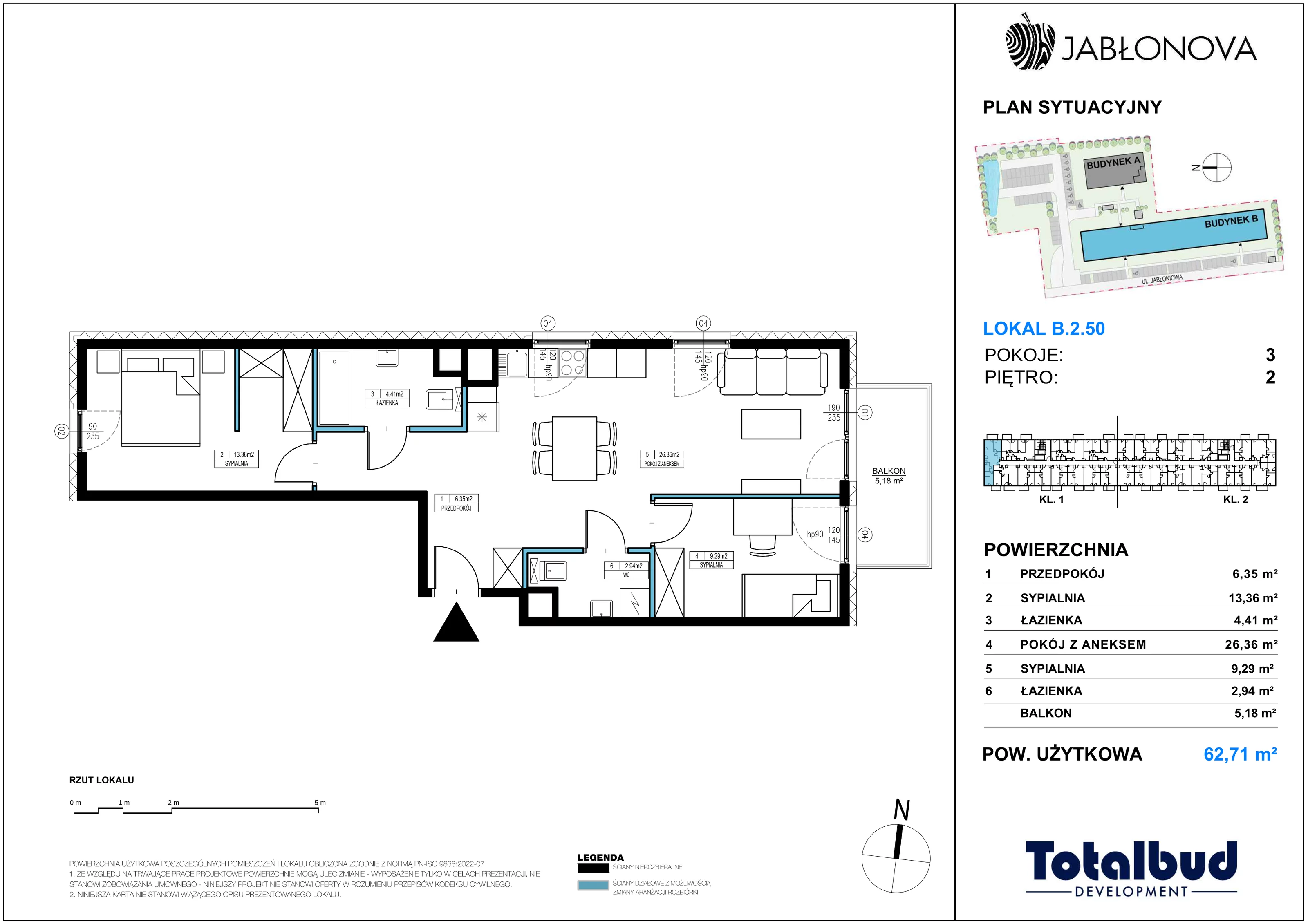 3 pokoje, mieszkanie 62,71 m², piętro 2, oferta nr B.2.50, Jabłonova Bud. B, Piaseczno, ul. Jabłoniowa
