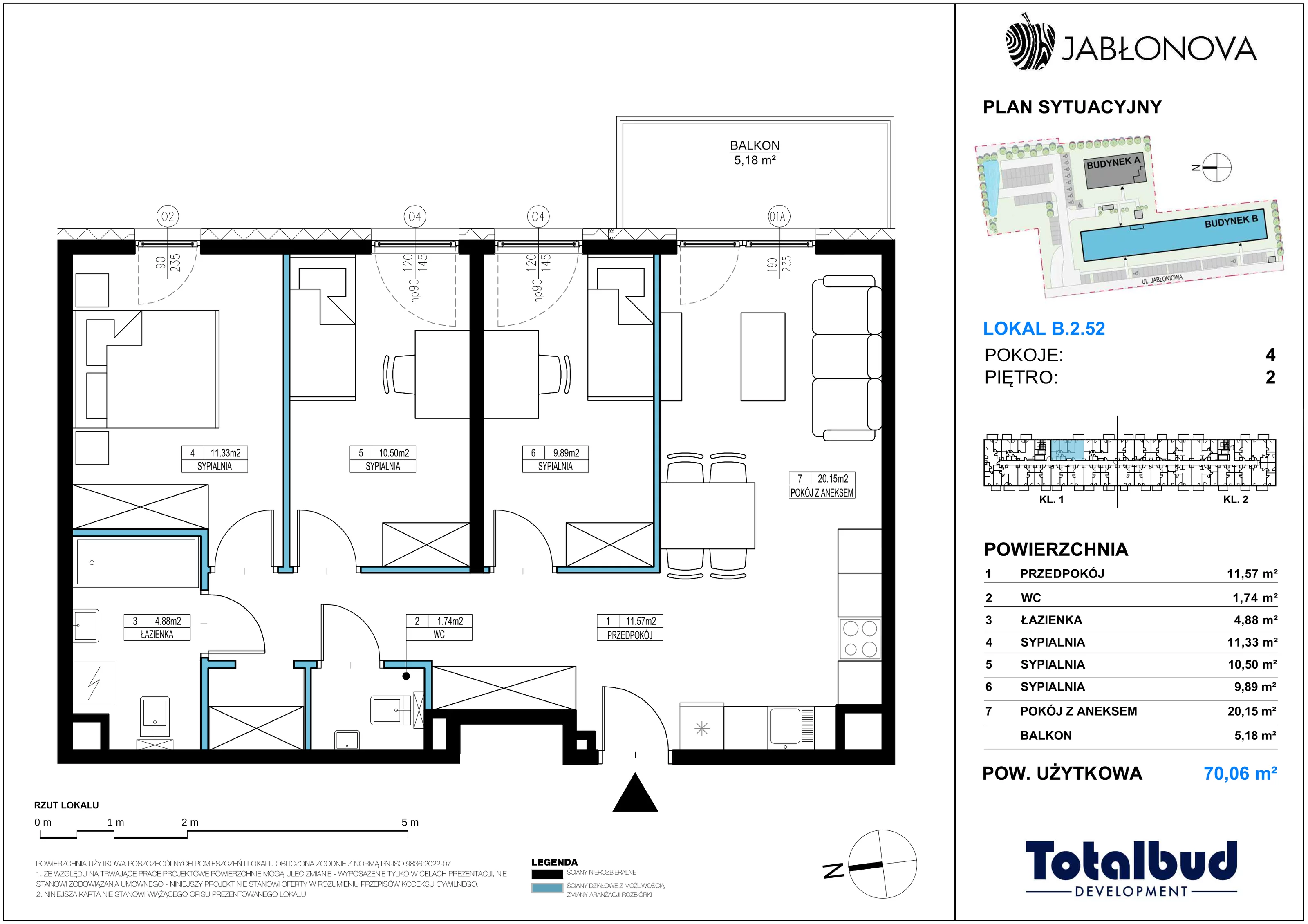 4 pokoje, mieszkanie 70,06 m², piętro 2, oferta nr B.2.52, Jabłonova Bud. B, Piaseczno, ul. Jabłoniowa