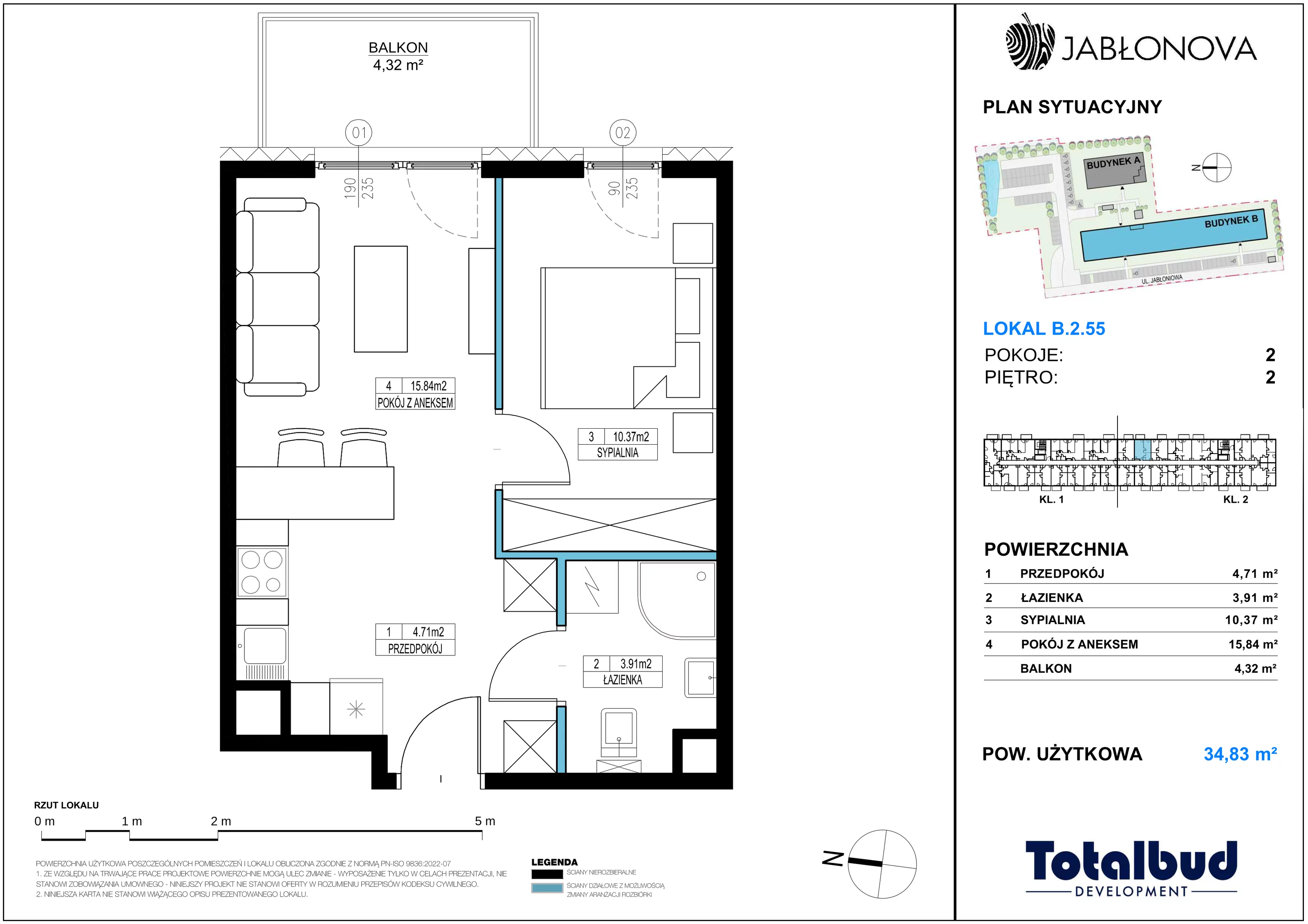2 pokoje, mieszkanie 34,83 m², piętro 2, oferta nr B.2.55, Jabłonova Bud. B, Piaseczno, ul. Jabłoniowa