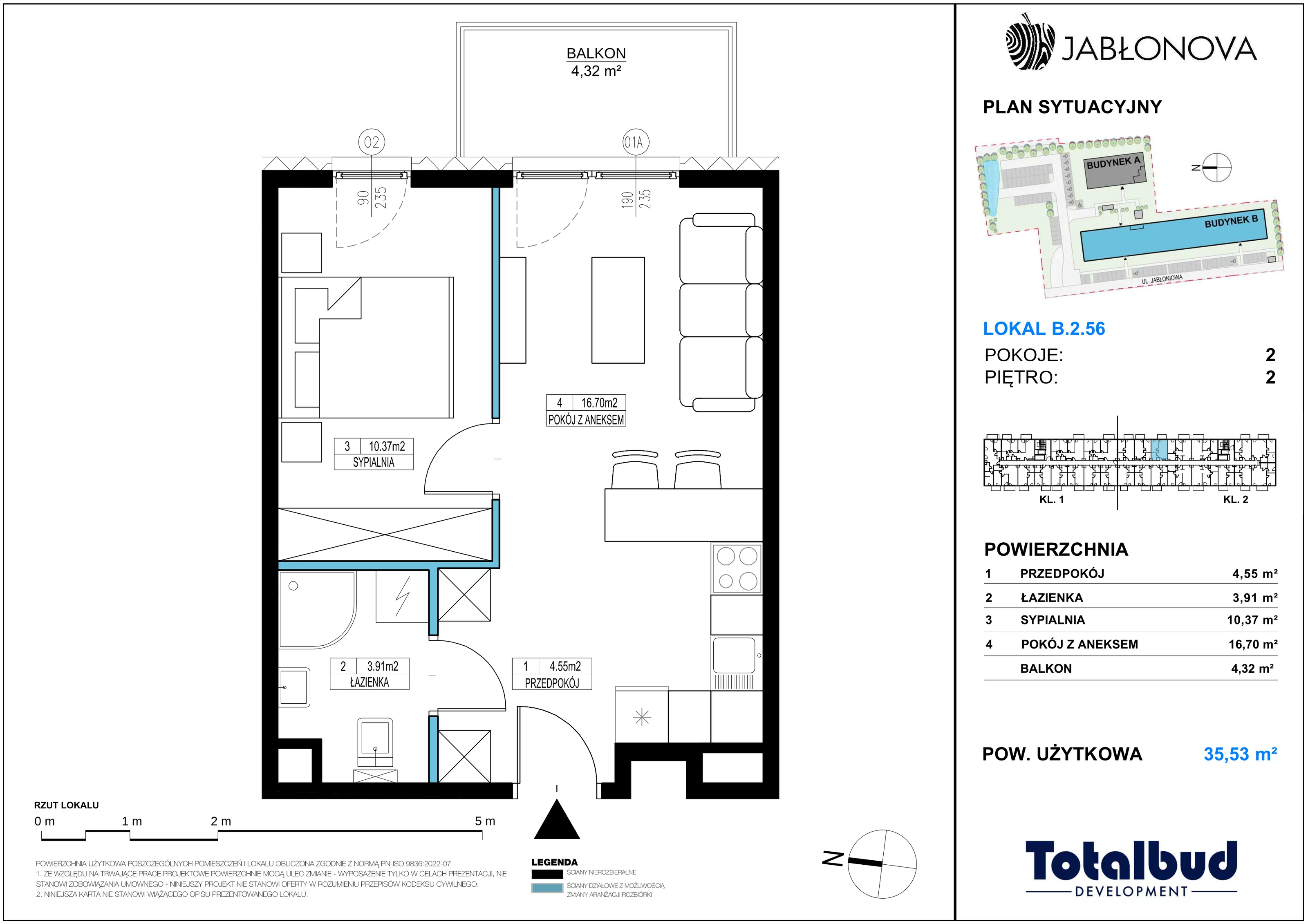 2 pokoje, mieszkanie 35,53 m², piętro 2, oferta nr B.2.56, Jabłonova Bud. B, Piaseczno, ul. Jabłoniowa