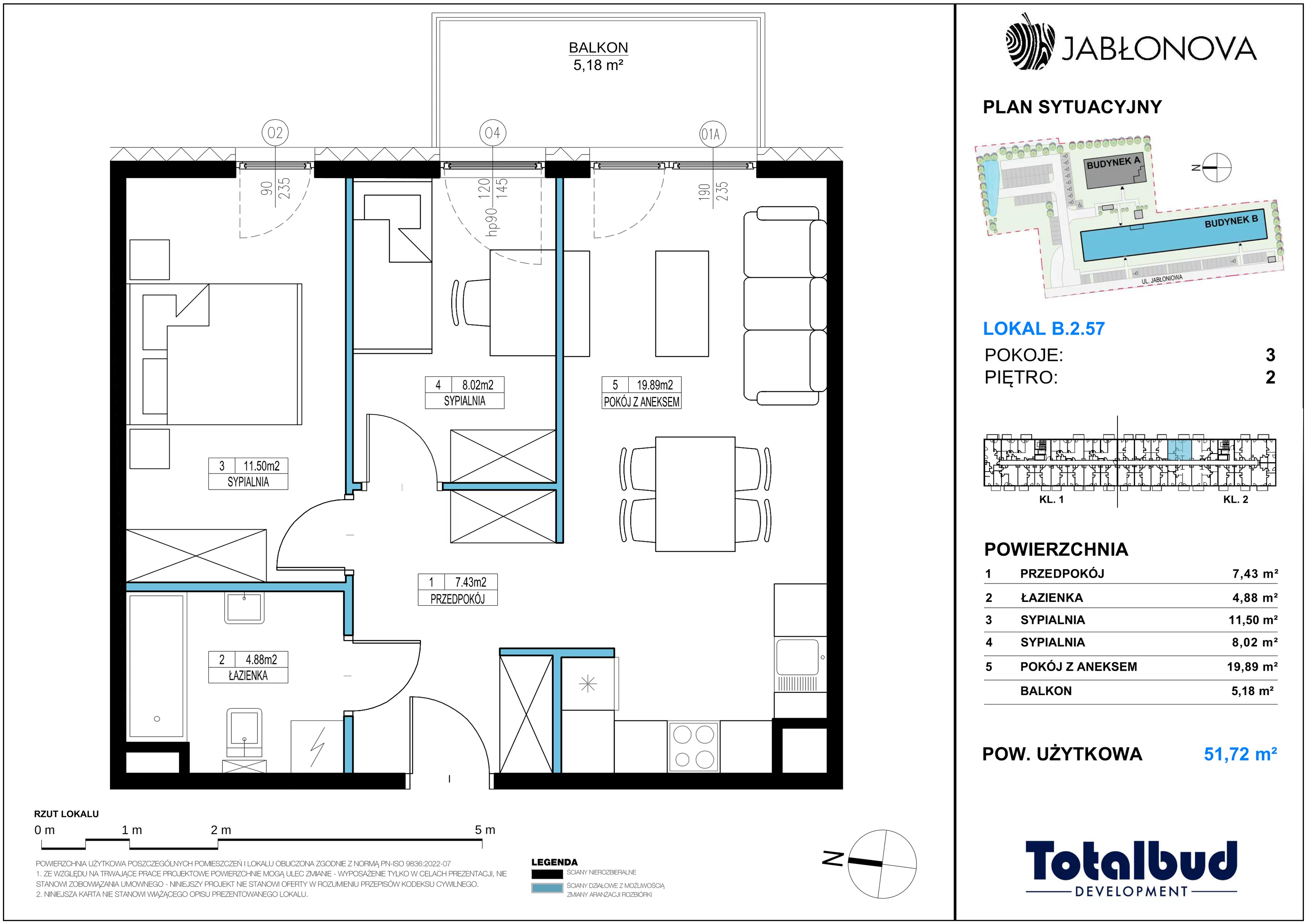 3 pokoje, mieszkanie 51,72 m², piętro 2, oferta nr B.2.57, Jabłonova Bud. B, Piaseczno, ul. Jabłoniowa