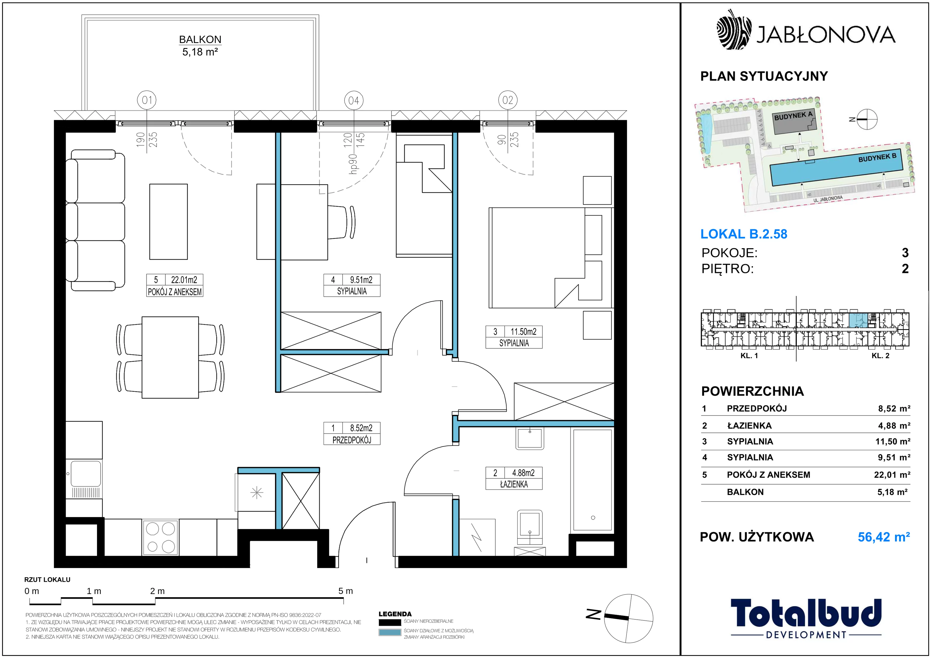 3 pokoje, mieszkanie 56,42 m², piętro 2, oferta nr B.2.58, Jabłonova Bud. B, Piaseczno, ul. Jabłoniowa