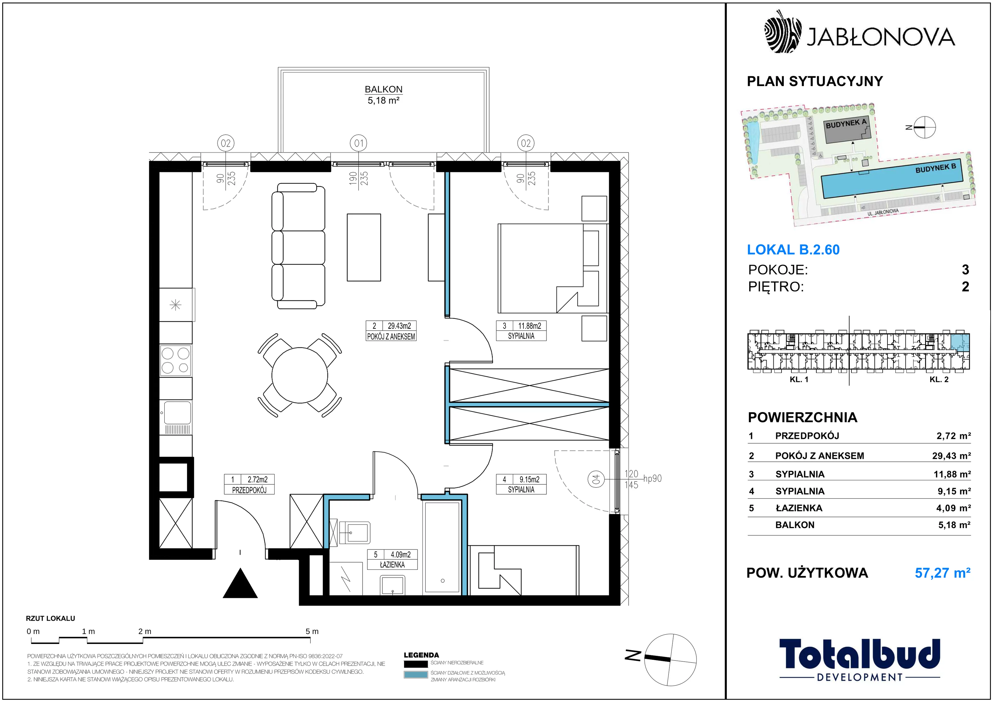 3 pokoje, mieszkanie 57,27 m², piętro 2, oferta nr B.2.60, Jabłonova Bud. B, Piaseczno, ul. Jabłoniowa