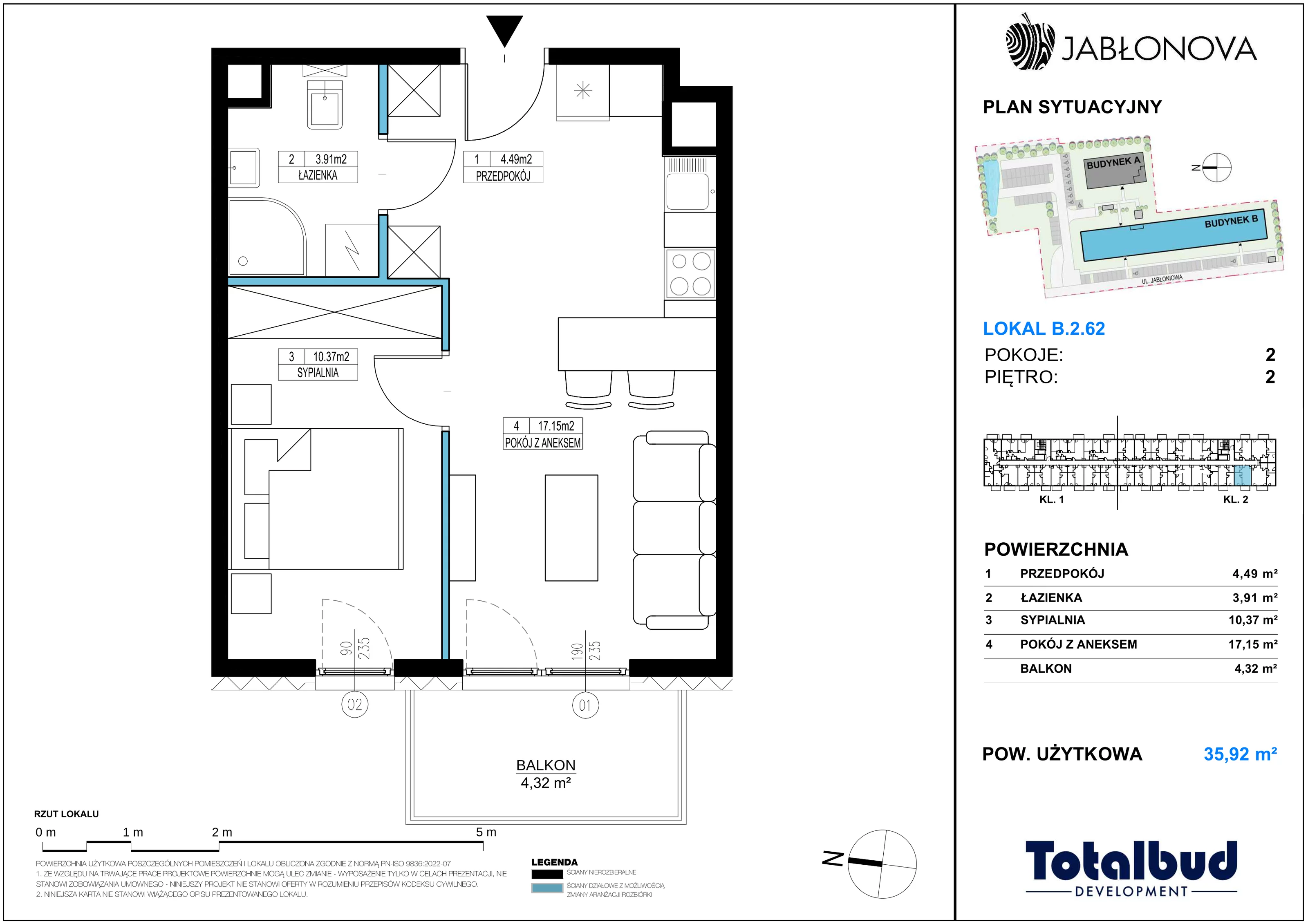 2 pokoje, mieszkanie 35,92 m², piętro 2, oferta nr B.2.62, Jabłonova Bud. B, Piaseczno, ul. Jabłoniowa
