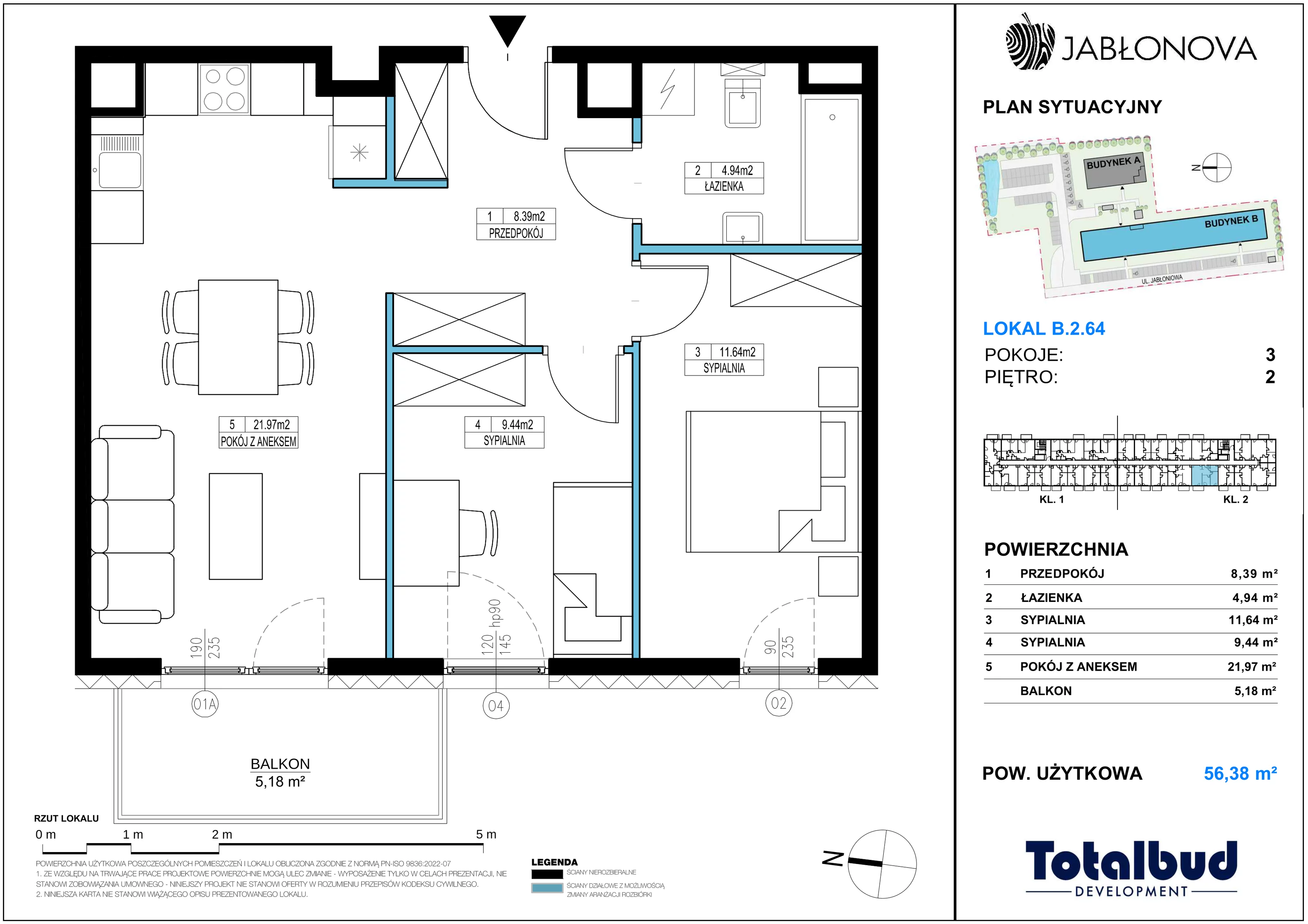 3 pokoje, mieszkanie 56,38 m², piętro 2, oferta nr B.2.64, Jabłonova Bud. B, Piaseczno, ul. Jabłoniowa