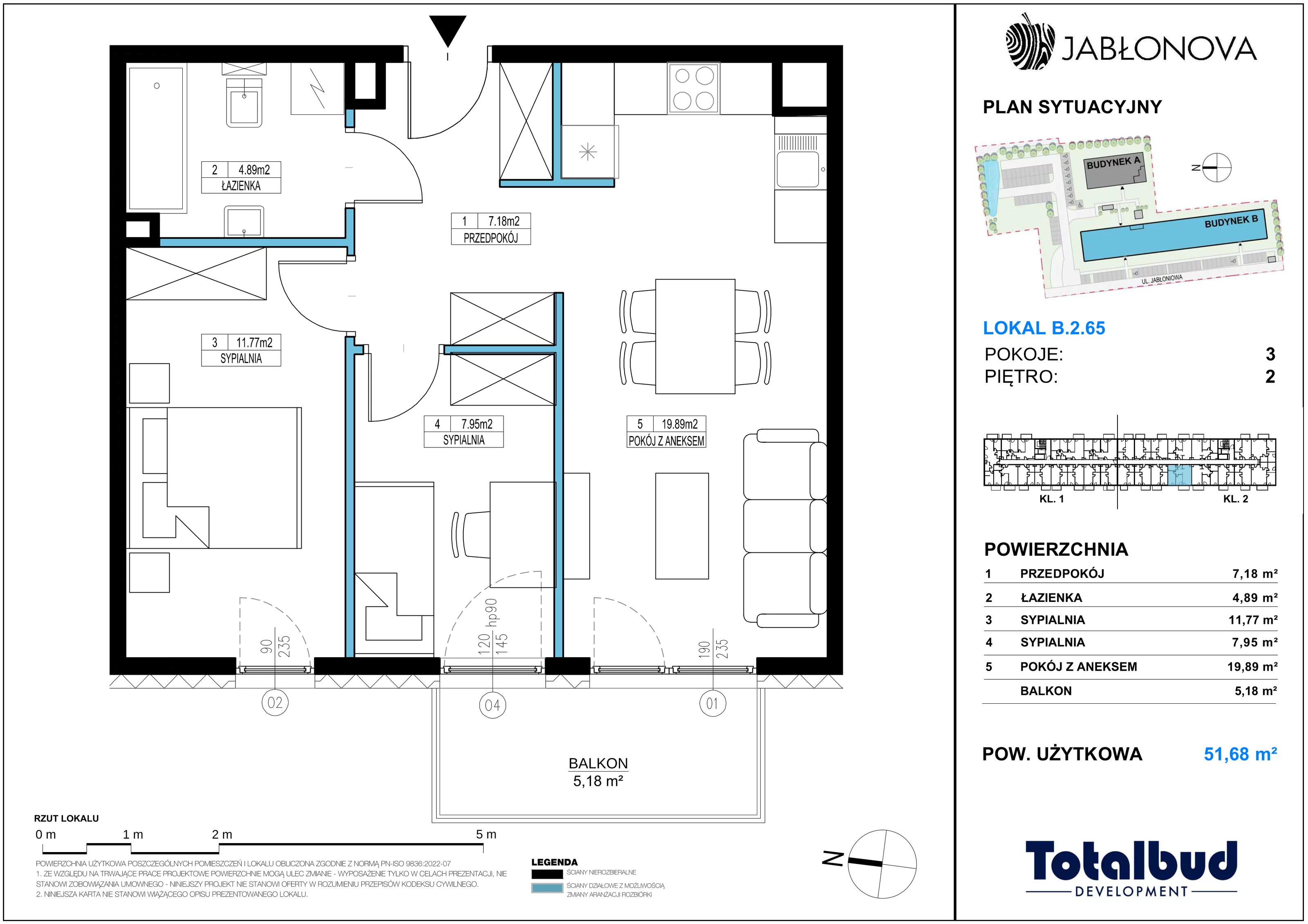 3 pokoje, mieszkanie 51,68 m², piętro 2, oferta nr B.2.65, Jabłonova Bud. B, Piaseczno, ul. Jabłoniowa