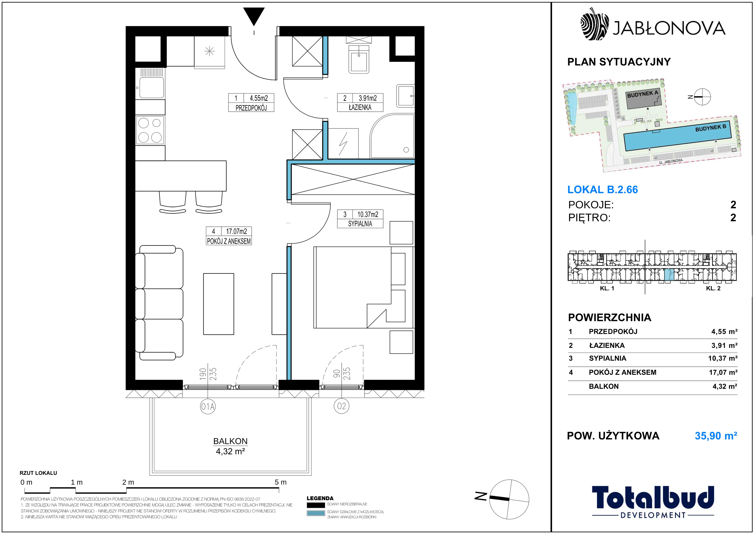 2 pokoje, mieszkanie 35,90 m², piętro 2, oferta nr B.2.66, Jabłonova Bud. B, Piaseczno, ul. Jabłoniowa