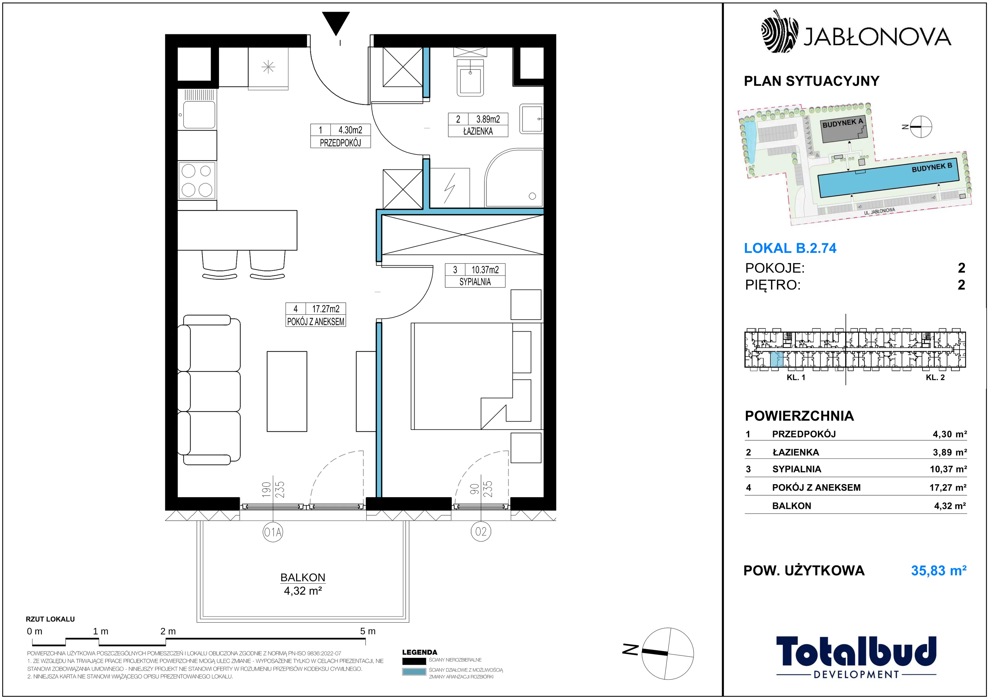 2 pokoje, mieszkanie 35,83 m², piętro 2, oferta nr B.2.74, Jabłonova Bud. B, Piaseczno, ul. Jabłoniowa