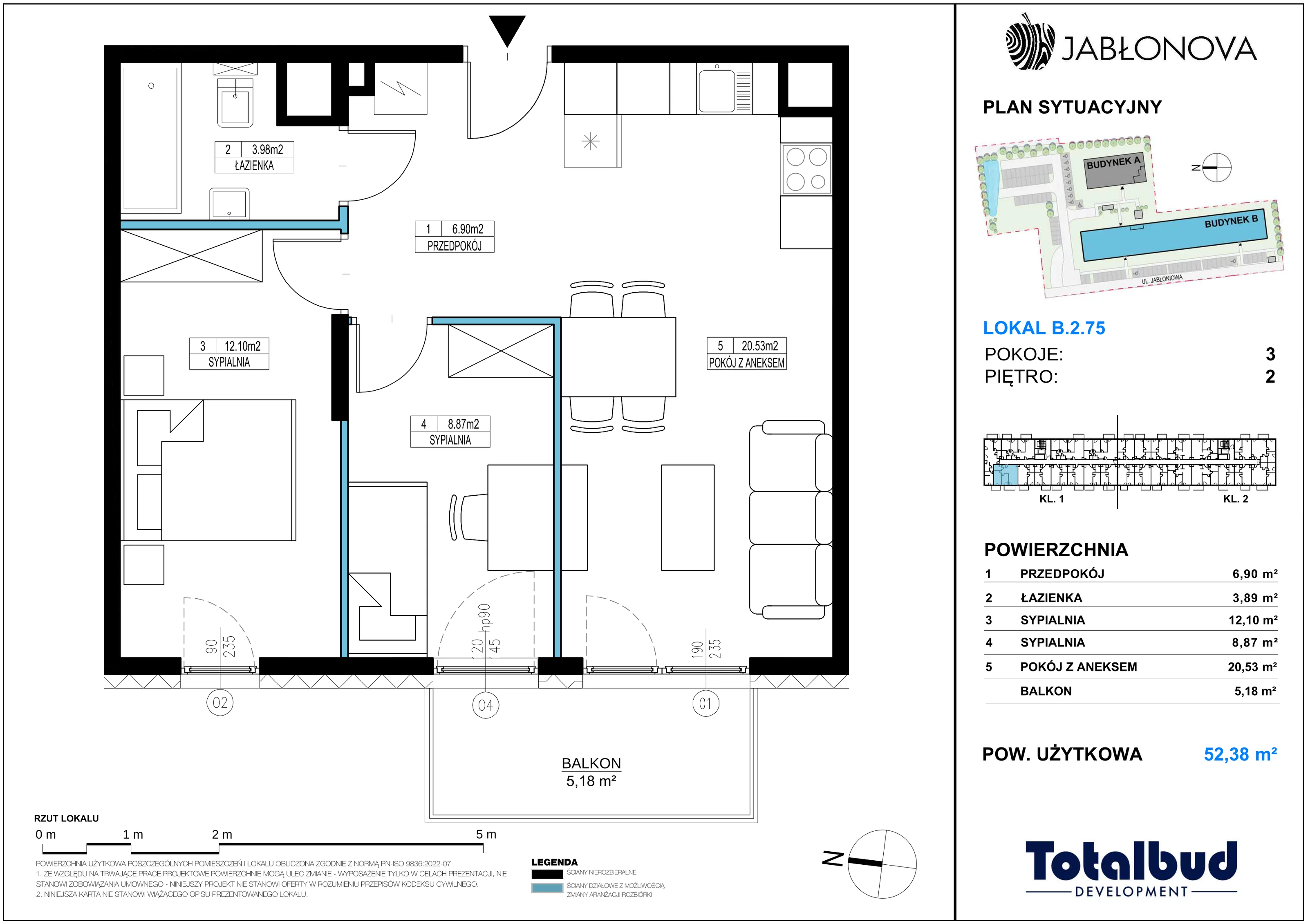 3 pokoje, mieszkanie 52,38 m², piętro 2, oferta nr B.2.75, Jabłonova Bud. B, Piaseczno, ul. Jabłoniowa