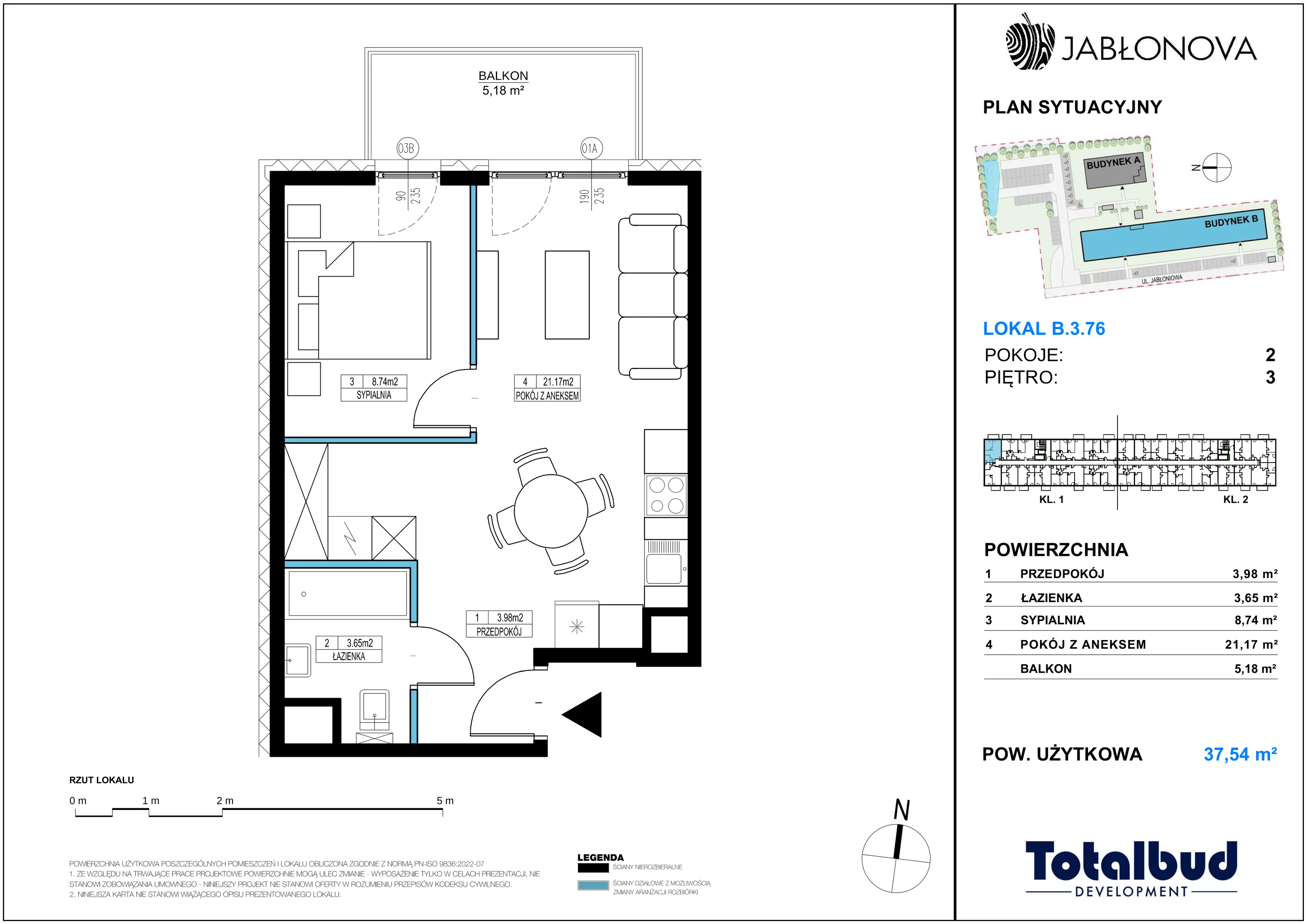 3 pokoje, mieszkanie 37,54 m², piętro 3, oferta nr B.3.76, Jabłonova Bud. B, Piaseczno, ul. Jabłoniowa