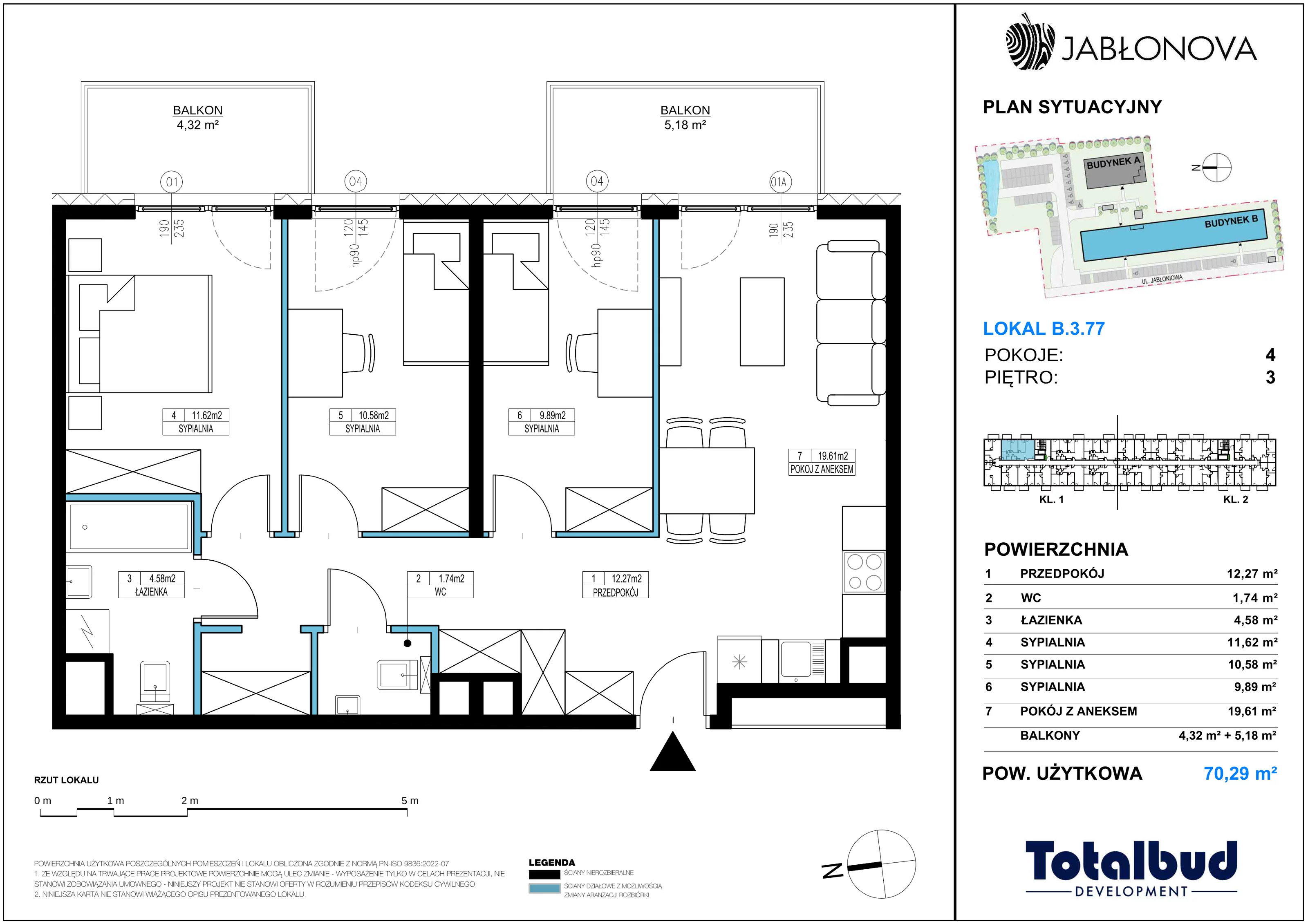 4 pokoje, mieszkanie 70,29 m², piętro 3, oferta nr B.3.77, Jabłonova Bud. B, Piaseczno, ul. Jabłoniowa
