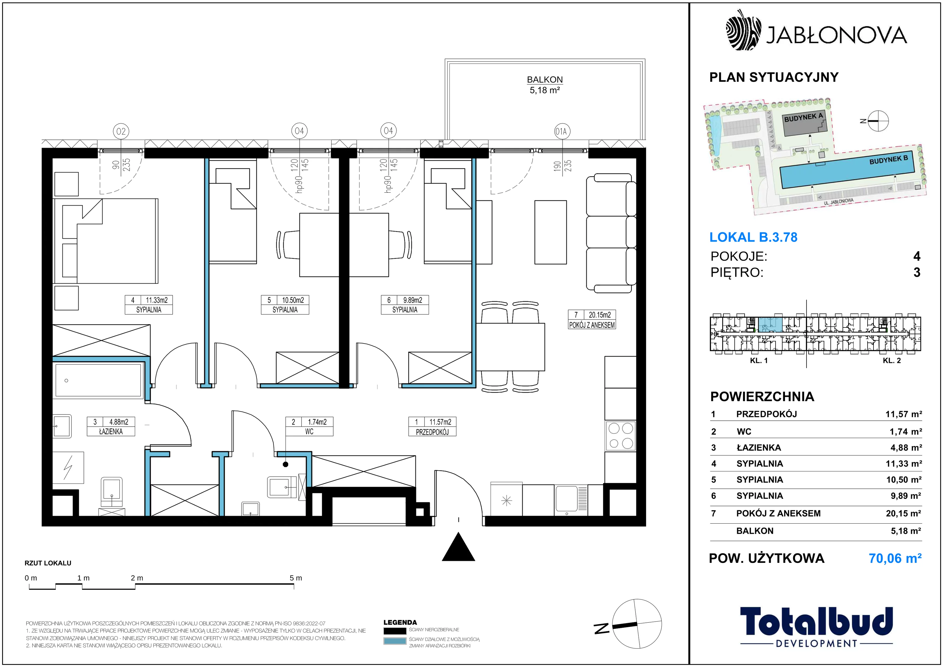 4 pokoje, mieszkanie 70,06 m², piętro 3, oferta nr B.3.78, Jabłonova Bud. B, Piaseczno, ul. Jabłoniowa