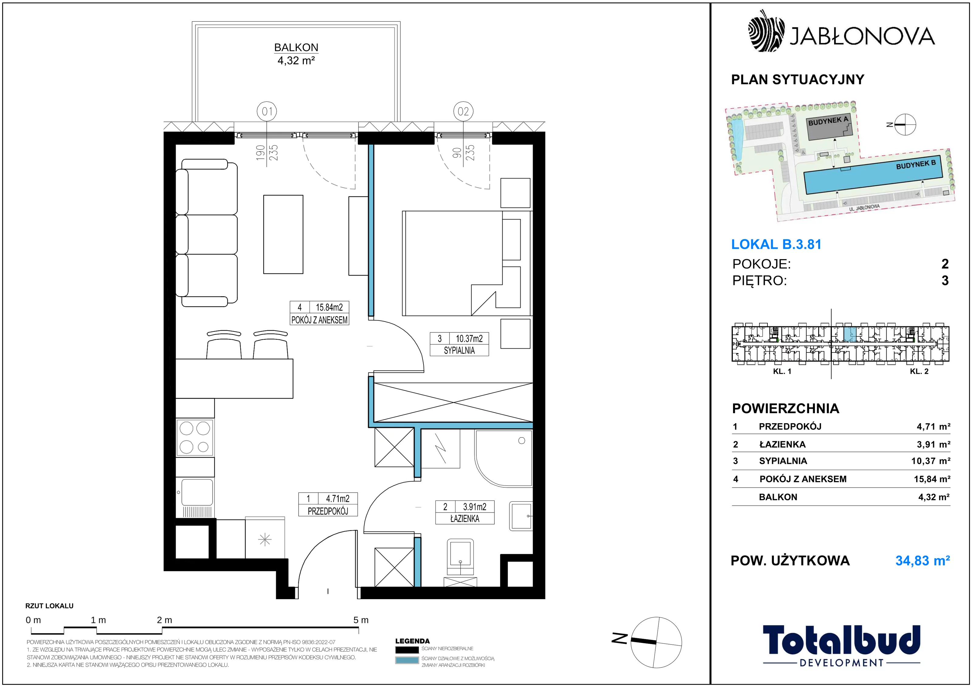 2 pokoje, mieszkanie 34,83 m², piętro 3, oferta nr B.3.81, Jabłonova Bud. B, Piaseczno, ul. Jabłoniowa