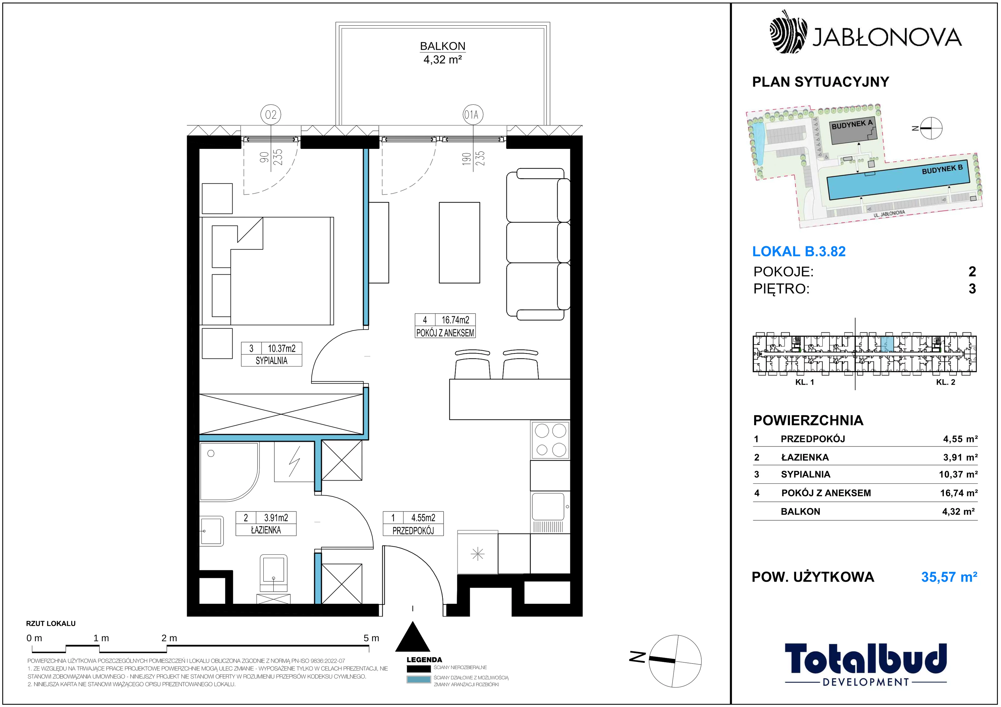 2 pokoje, mieszkanie 35,57 m², piętro 3, oferta nr B.3.82, Jabłonova Bud. B, Piaseczno, ul. Jabłoniowa