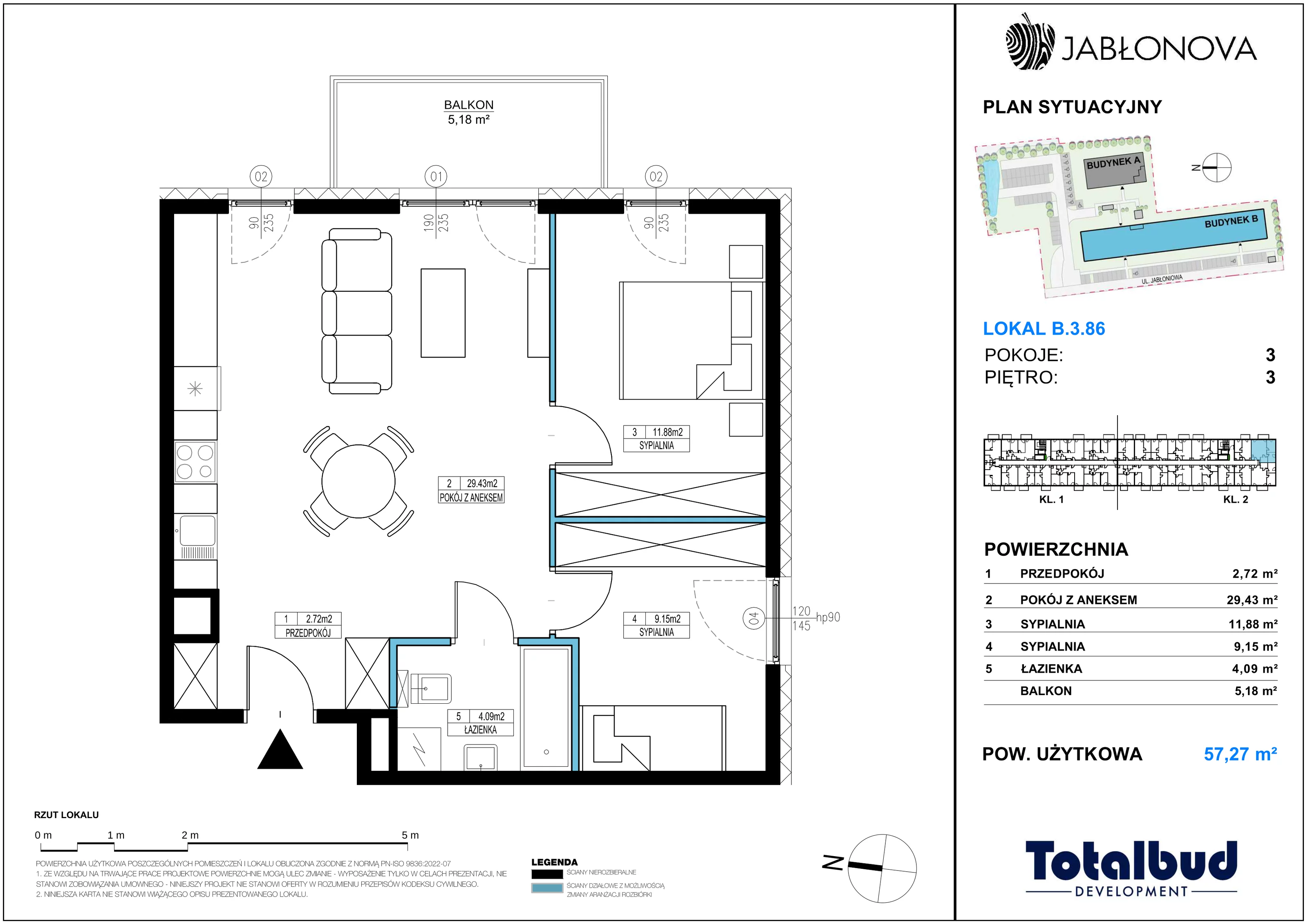 3 pokoje, mieszkanie 57,27 m², piętro 3, oferta nr B.3.86, Jabłonova Bud. B, Piaseczno, ul. Jabłoniowa