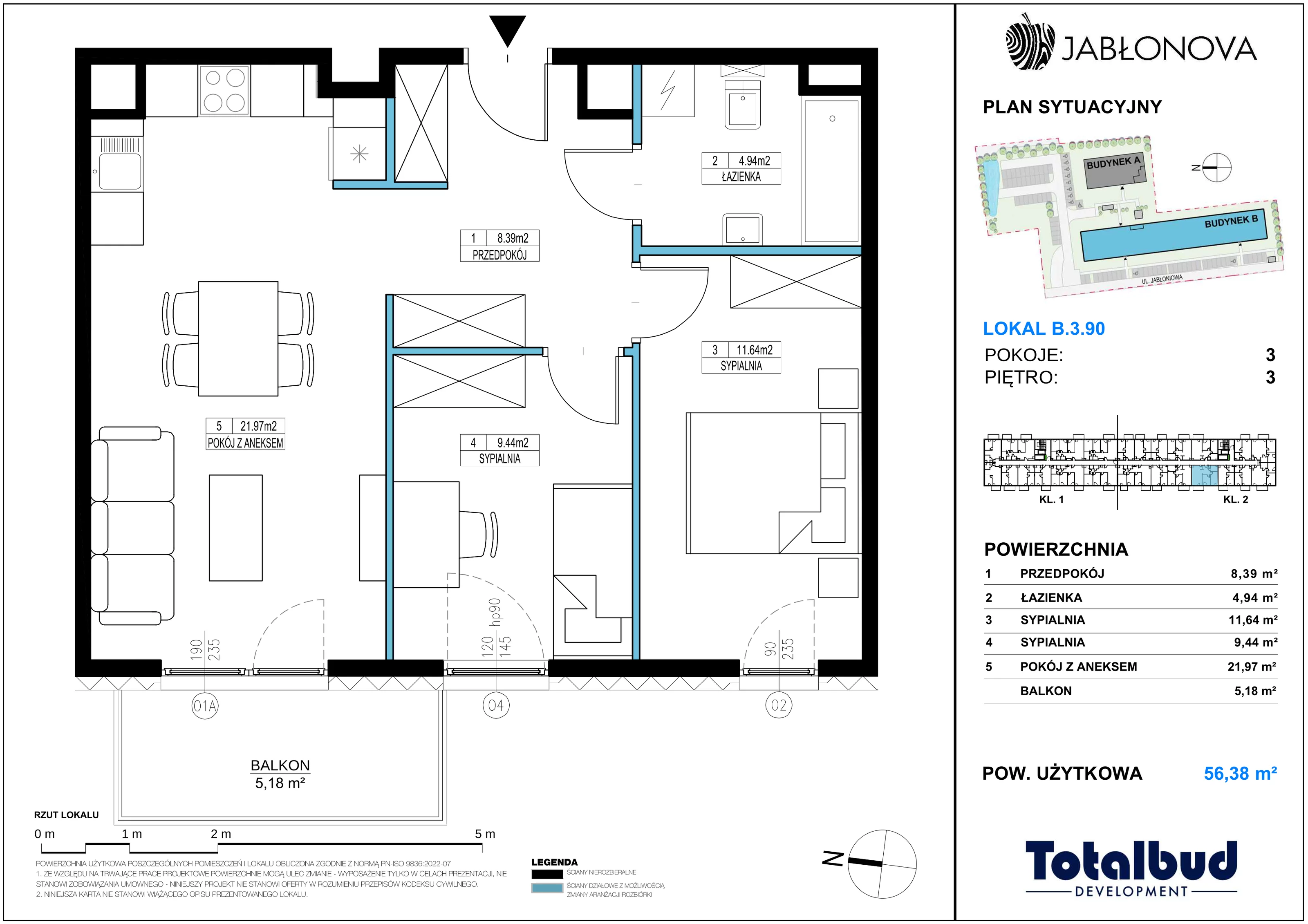 3 pokoje, mieszkanie 56,38 m², piętro 3, oferta nr B.3.90, Jabłonova Bud. B, Piaseczno, ul. Jabłoniowa