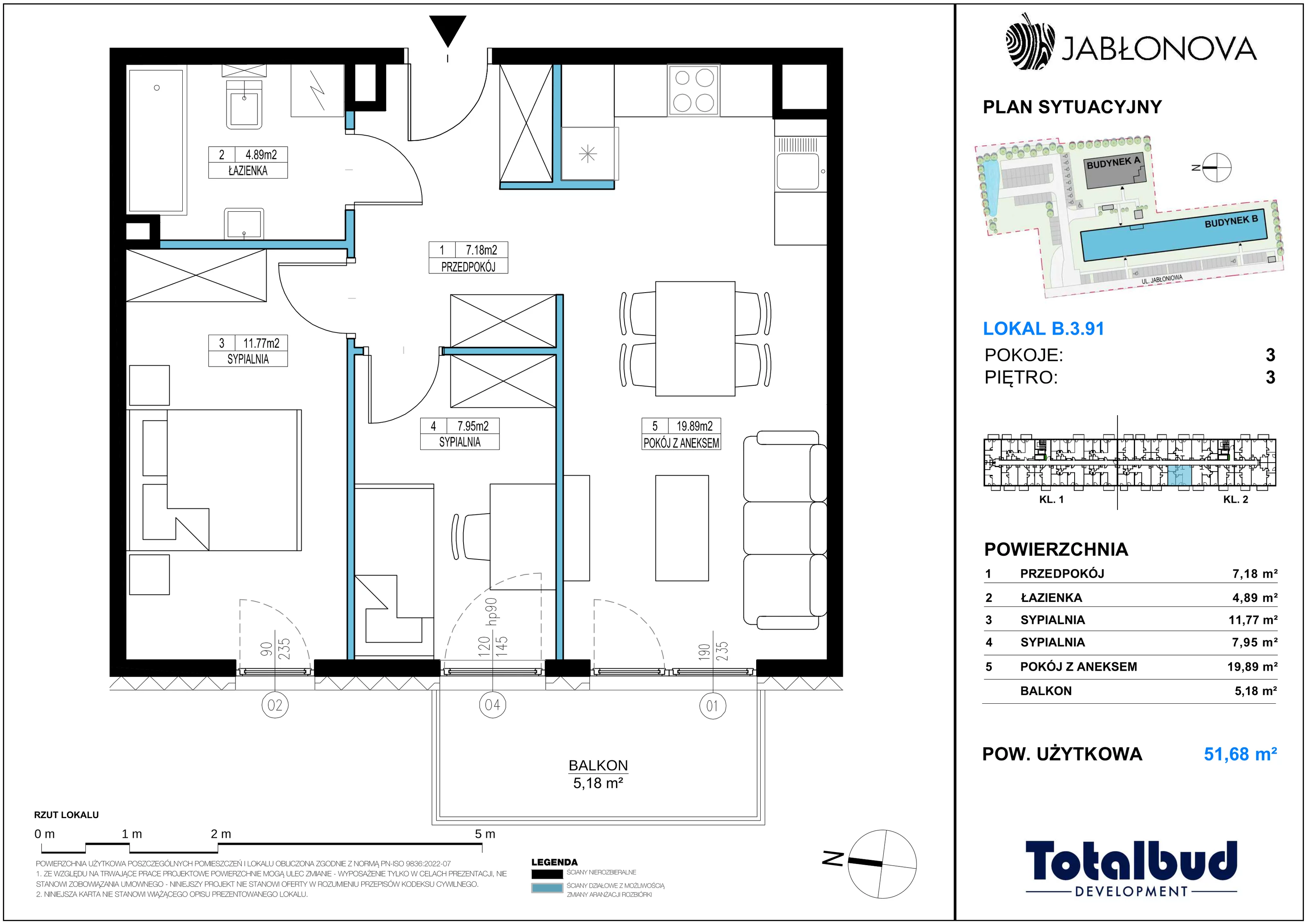 3 pokoje, mieszkanie 51,68 m², piętro 3, oferta nr B.3.91, Jabłonova Bud. B, Piaseczno, ul. Jabłoniowa