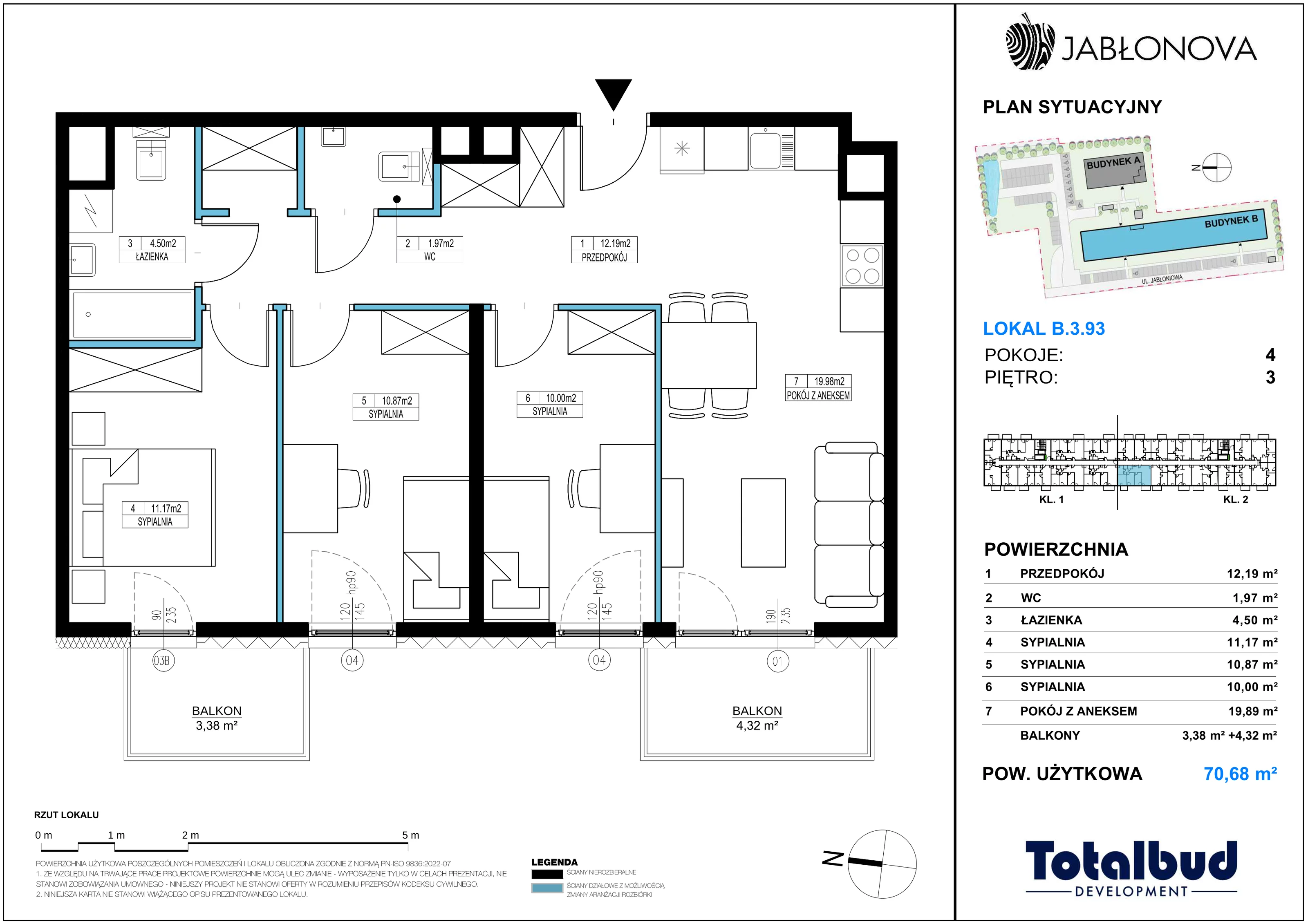4 pokoje, mieszkanie 70,68 m², piętro 3, oferta nr B.3.93, Jabłonova Bud. B, Piaseczno, ul. Jabłoniowa