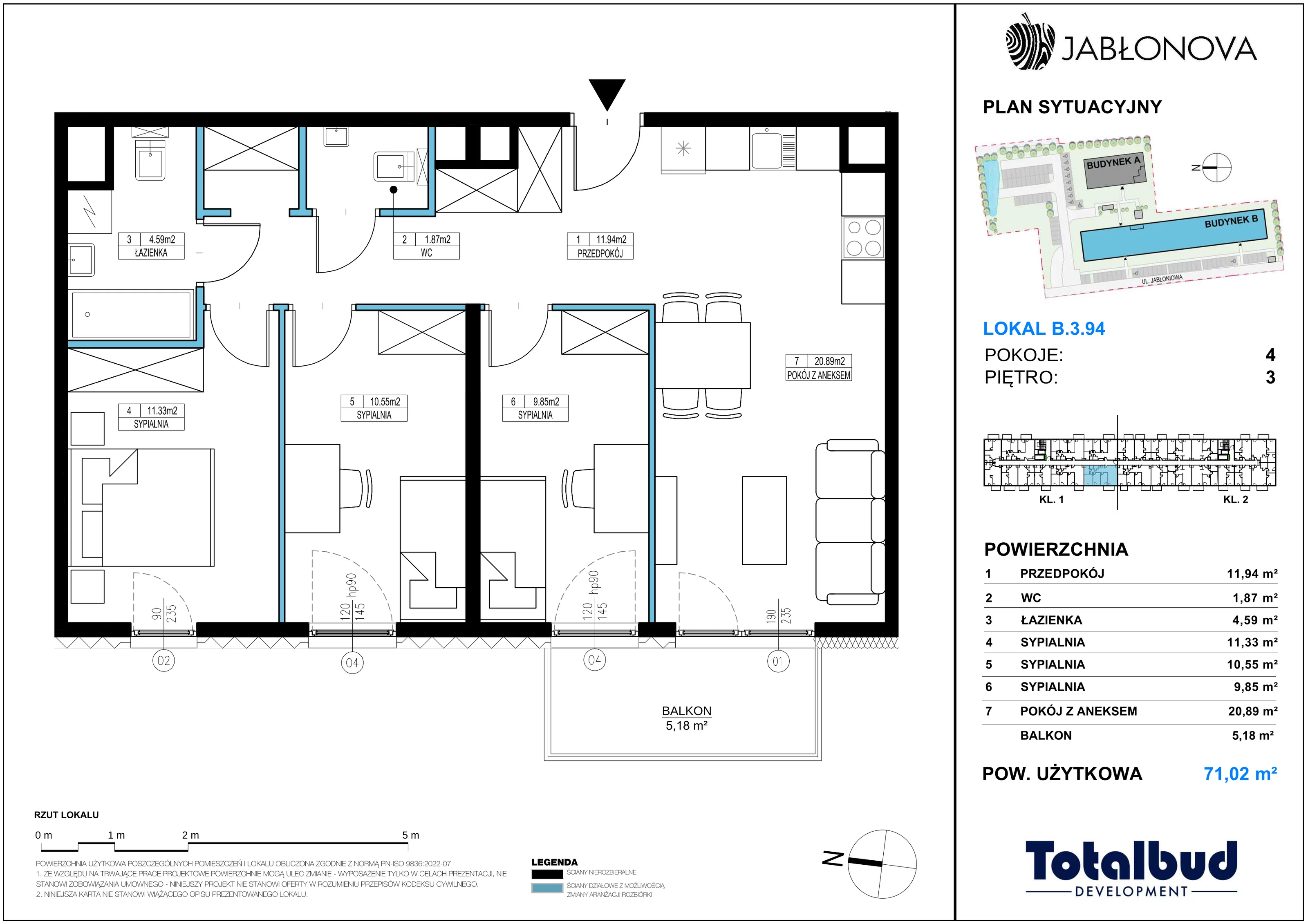 4 pokoje, mieszkanie 71,02 m², piętro 3, oferta nr B.3.94, Jabłonova Bud. B, Piaseczno, ul. Jabłoniowa