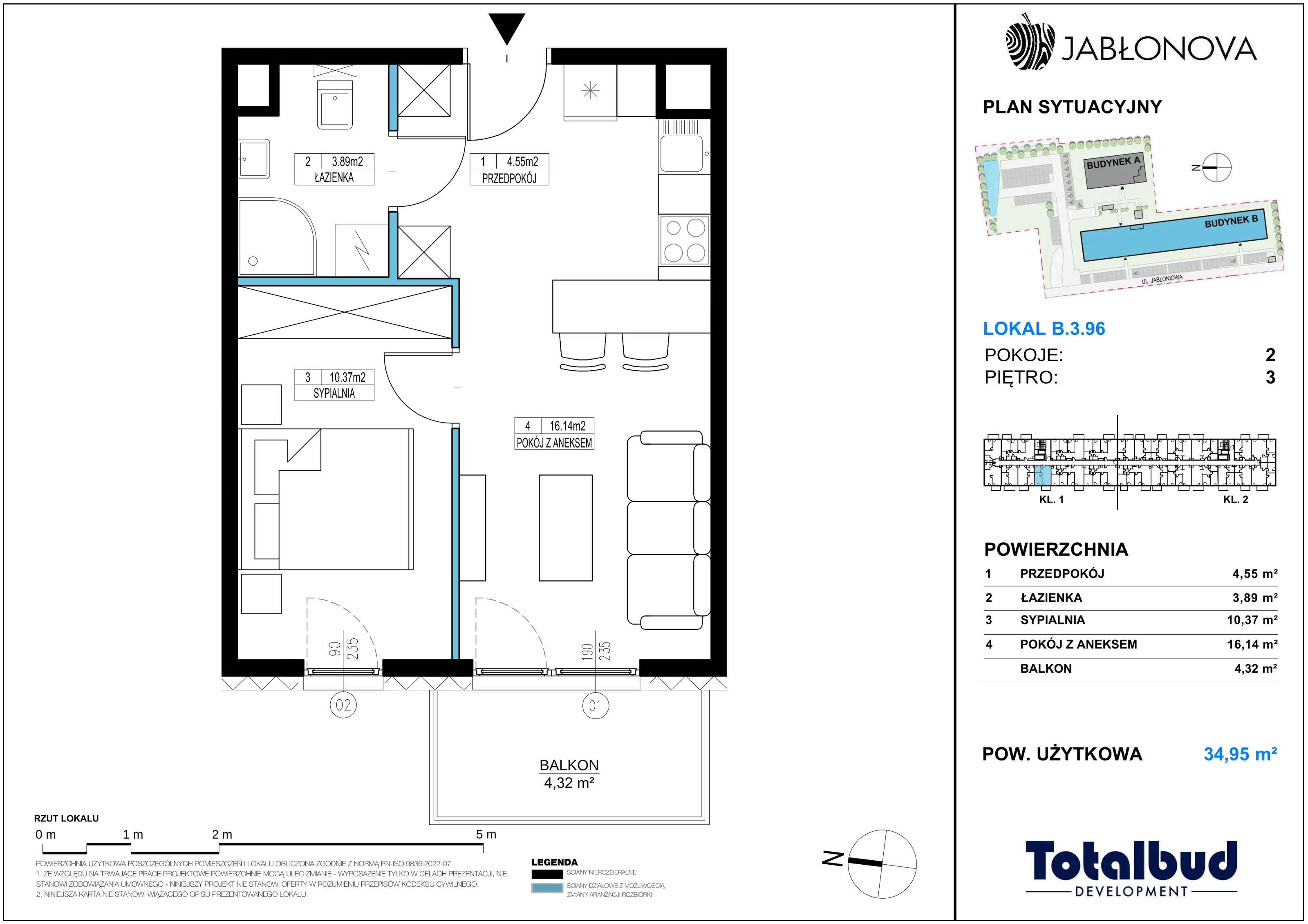 2 pokoje, mieszkanie 34,95 m², piętro 3, oferta nr B.3.96, Jabłonova Bud. B, Piaseczno, ul. Jabłoniowa