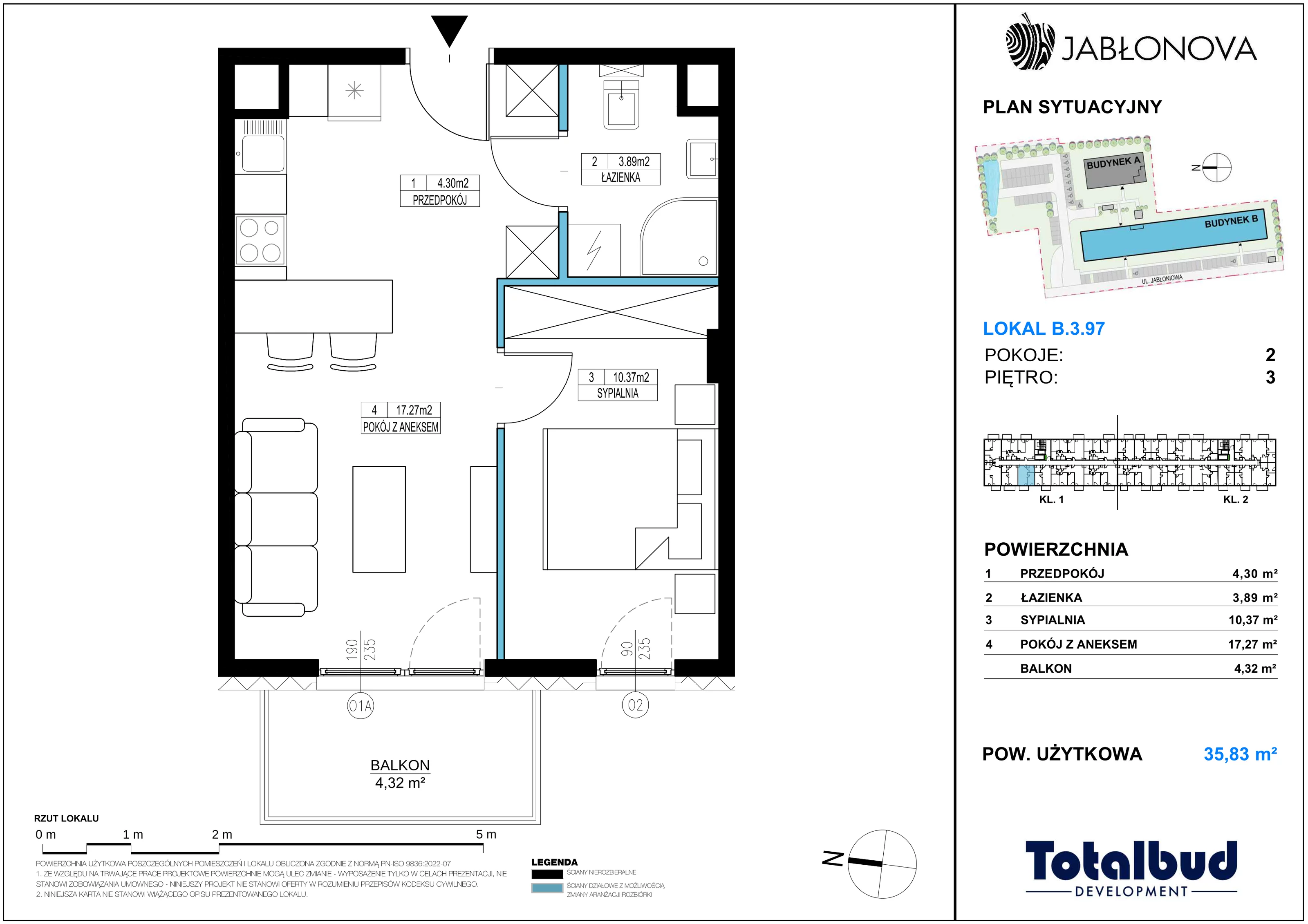 2 pokoje, mieszkanie 35,83 m², piętro 3, oferta nr B.3.97, Jabłonova Bud. B, Piaseczno, ul. Jabłoniowa