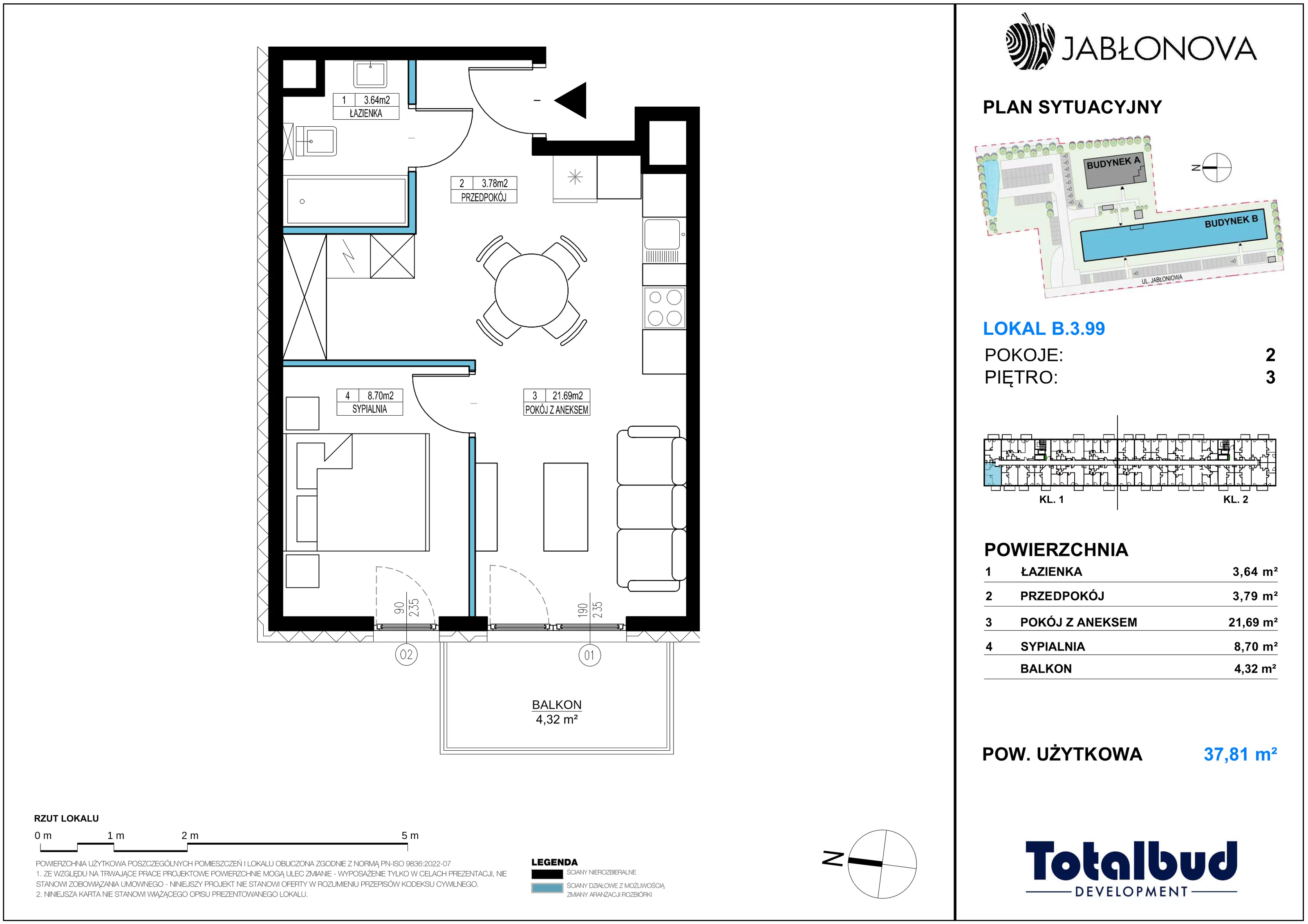 2 pokoje, mieszkanie 37,81 m², piętro 3, oferta nr B.3.99, Jabłonova Bud. B, Piaseczno, ul. Jabłoniowa