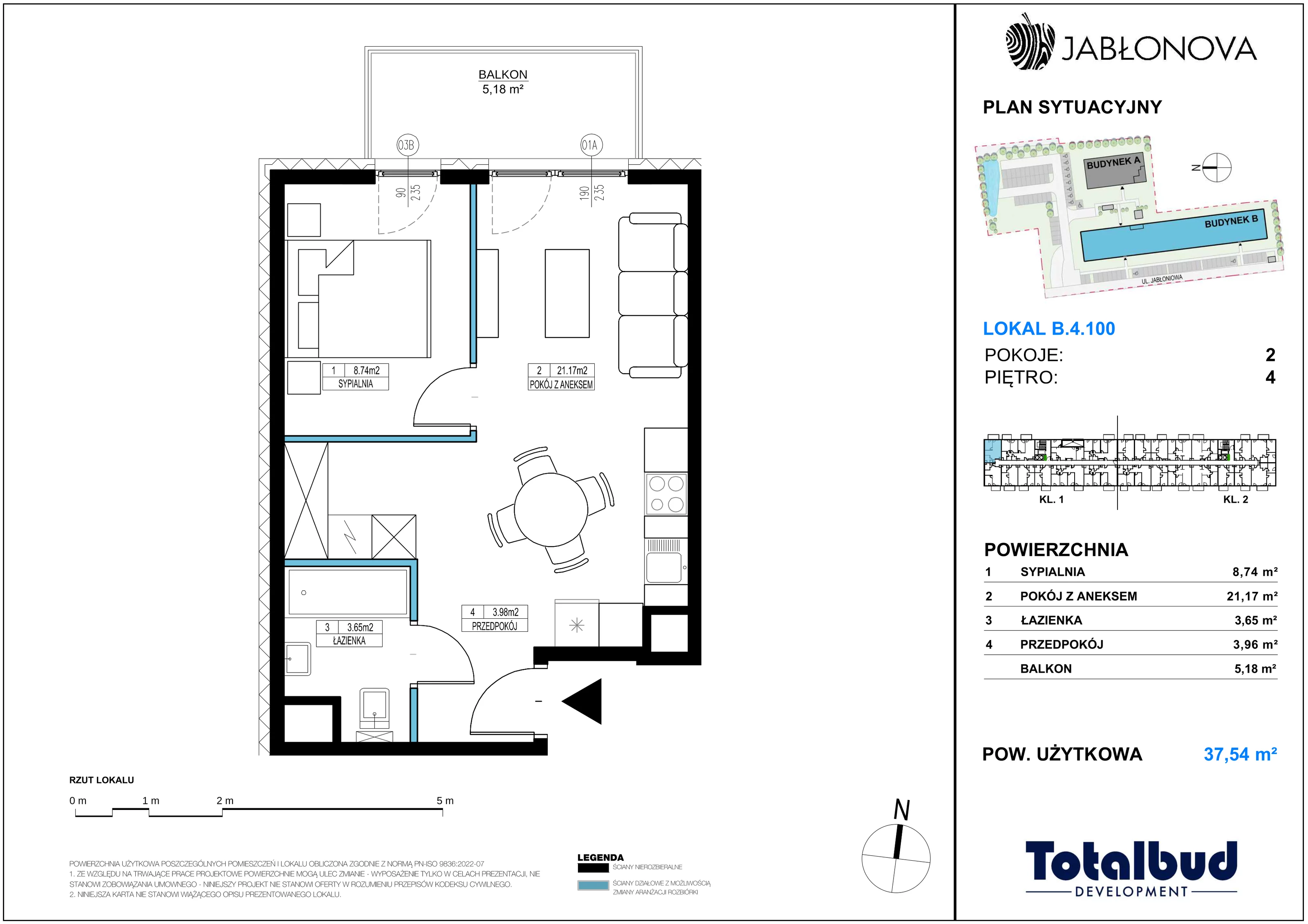 2 pokoje, mieszkanie 37,54 m², piętro 4, oferta nr B.4.100, Jabłonova Bud. B, Piaseczno, ul. Jabłoniowa