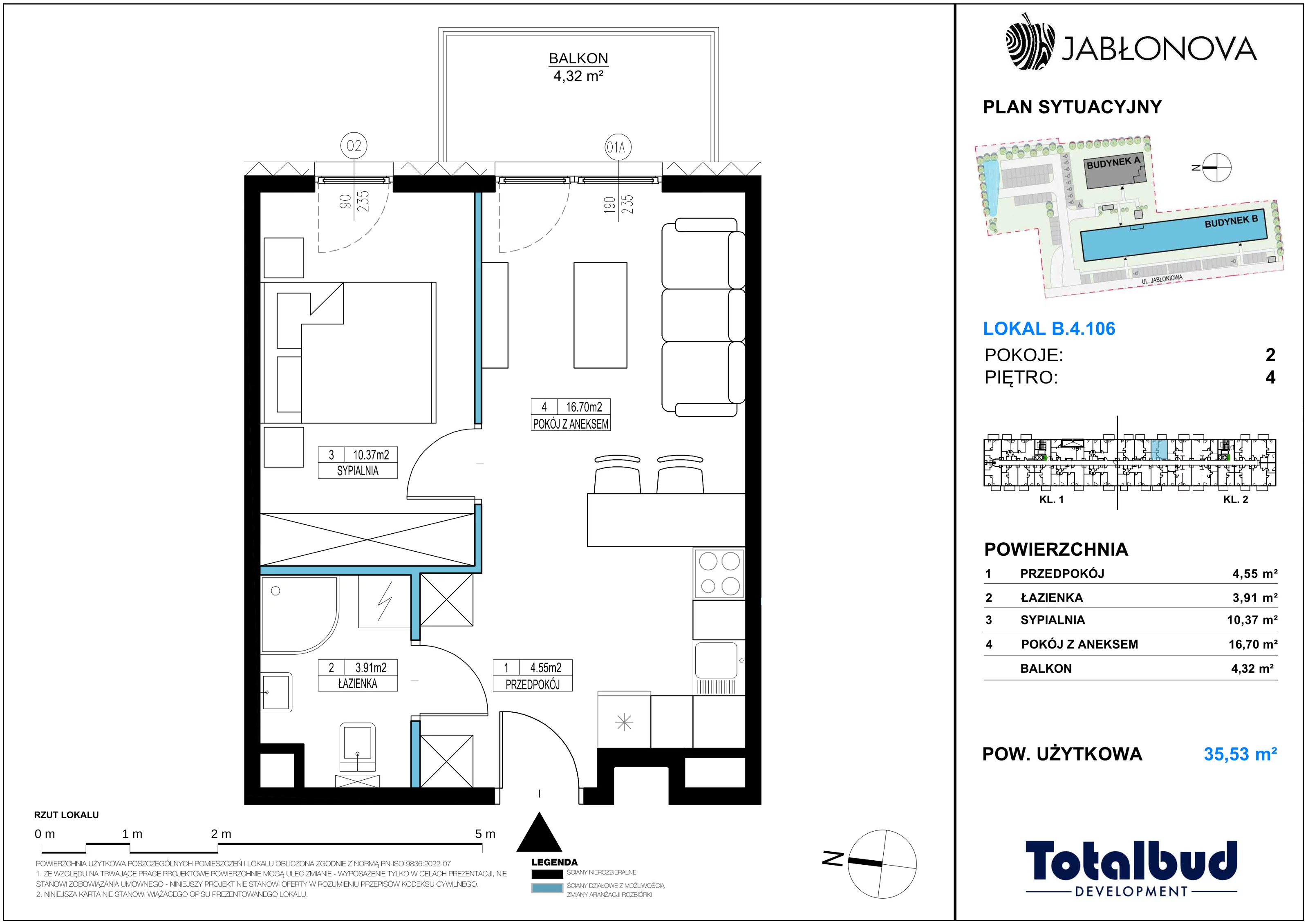 2 pokoje, mieszkanie 35,53 m², piętro 4, oferta nr B.4.106, Jabłonova Bud. B, Piaseczno, ul. Jabłoniowa