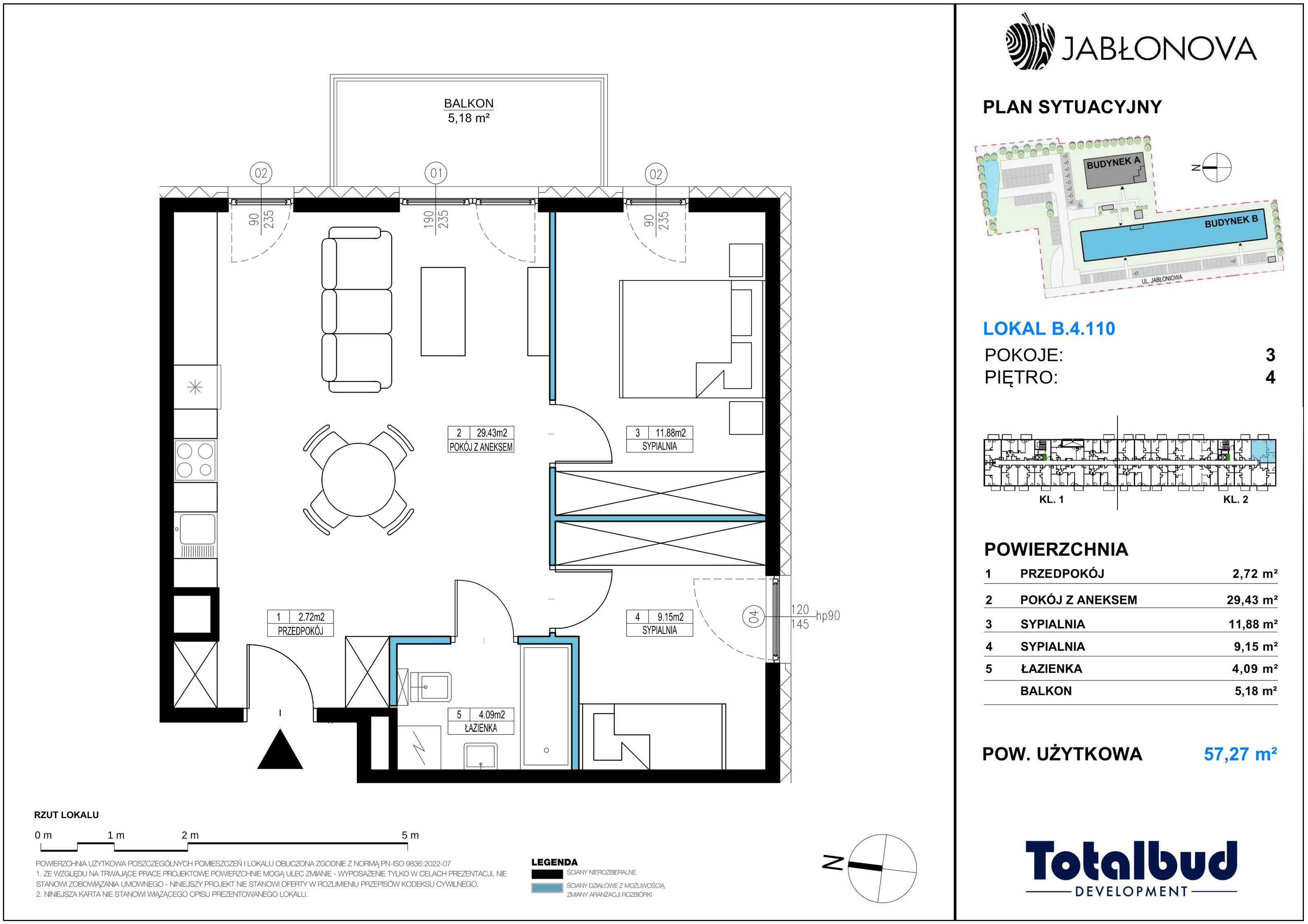 3 pokoje, mieszkanie 57,27 m², piętro 4, oferta nr B.4.110, Jabłonova Bud. B, Piaseczno, ul. Jabłoniowa
