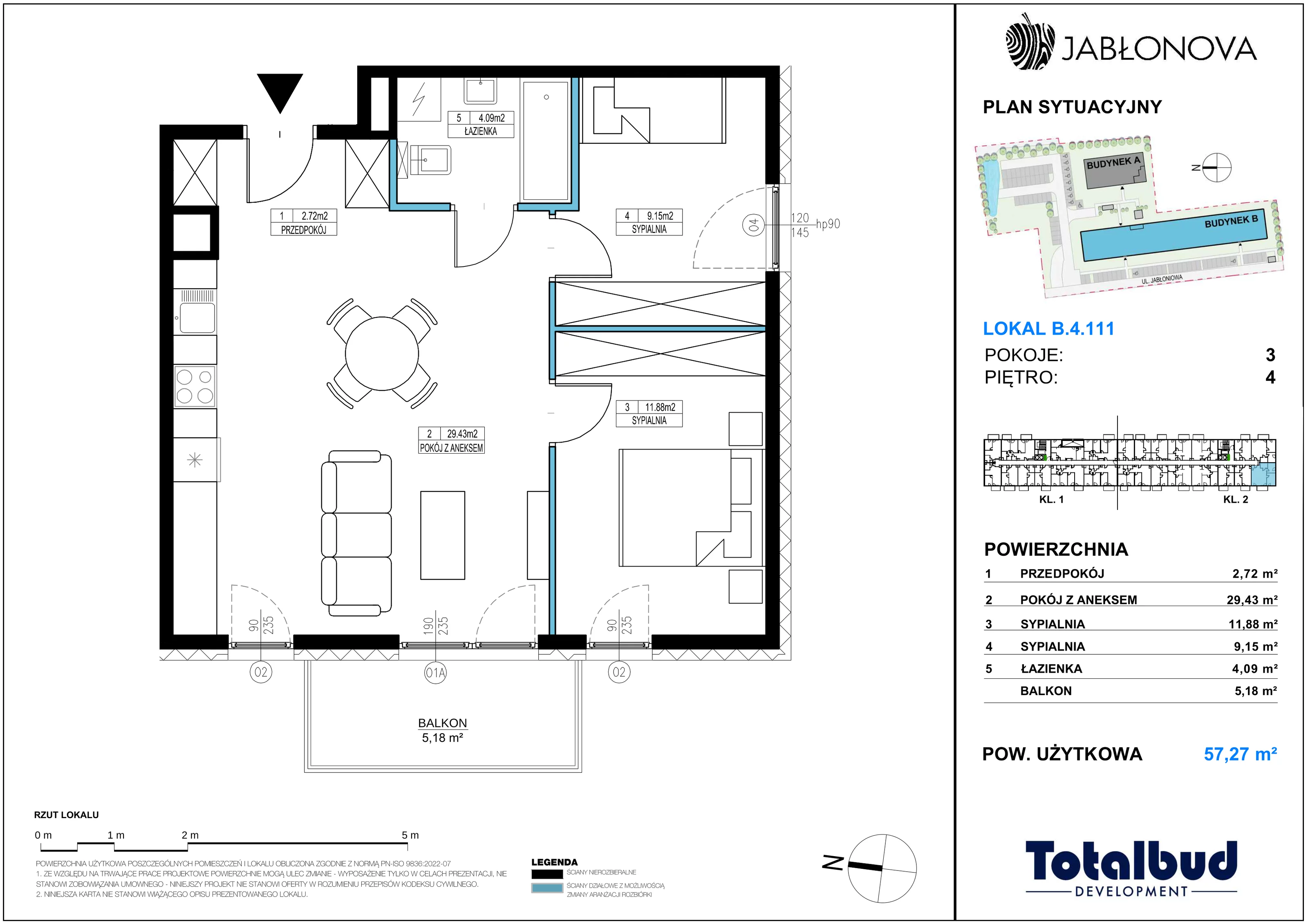 3 pokoje, mieszkanie 57,27 m², piętro 4, oferta nr B.4.111, Jabłonova Bud. B, Piaseczno, ul. Jabłoniowa