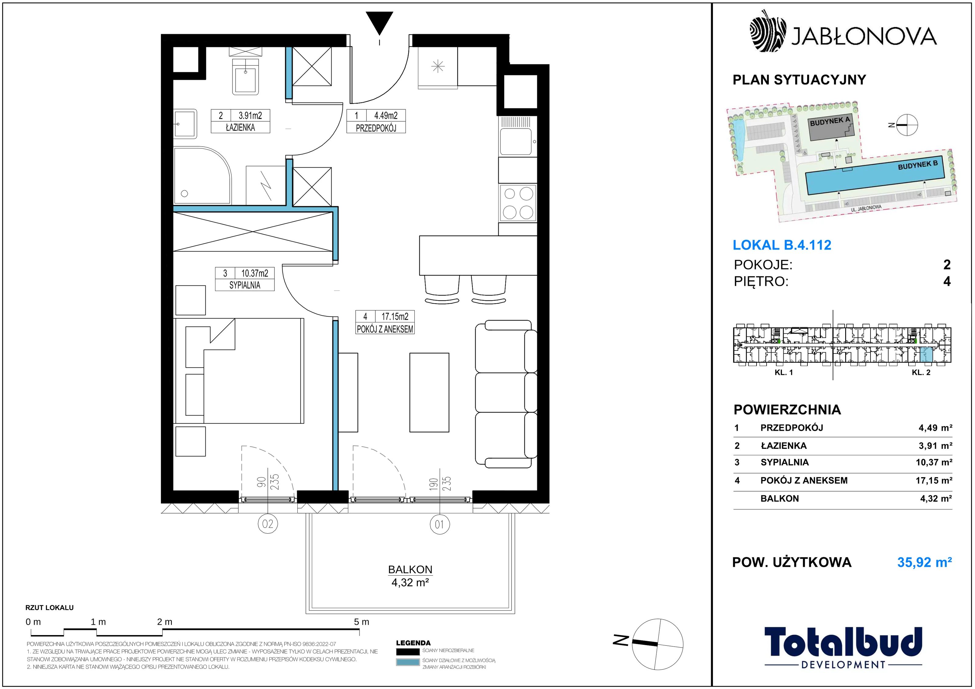 2 pokoje, mieszkanie 35,92 m², piętro 4, oferta nr B.4.112, Jabłonova Bud. B, Piaseczno, ul. Jabłoniowa