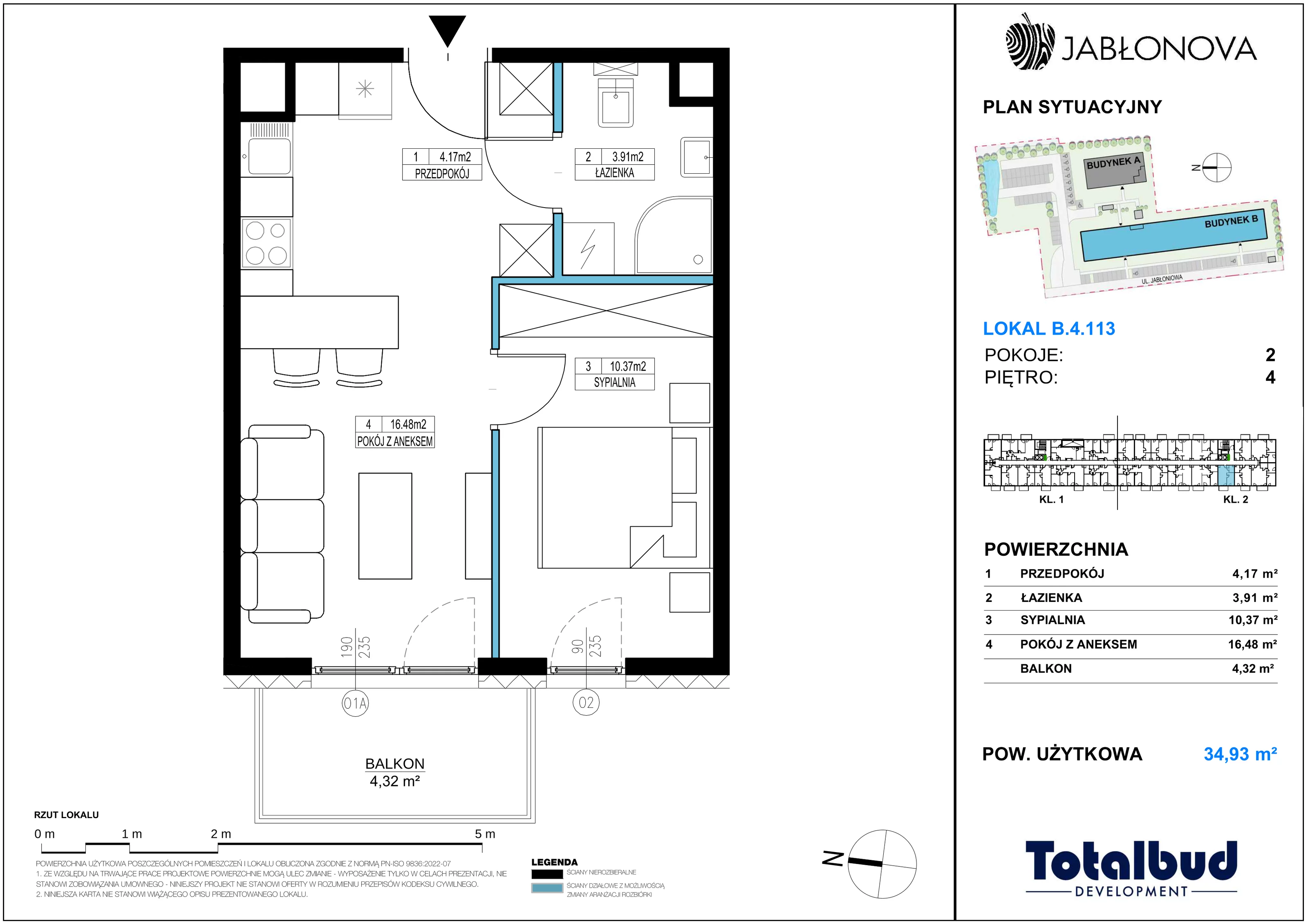 2 pokoje, mieszkanie 34,93 m², piętro 4, oferta nr B.4.113, Jabłonova Bud. B, Piaseczno, ul. Jabłoniowa