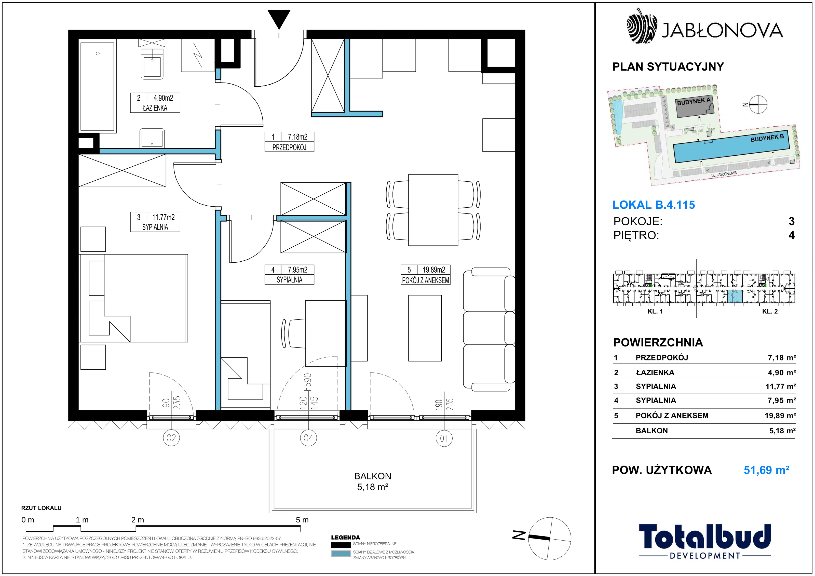 3 pokoje, mieszkanie 51,69 m², piętro 4, oferta nr B.4.115, Jabłonova Bud. B, Piaseczno, ul. Jabłoniowa