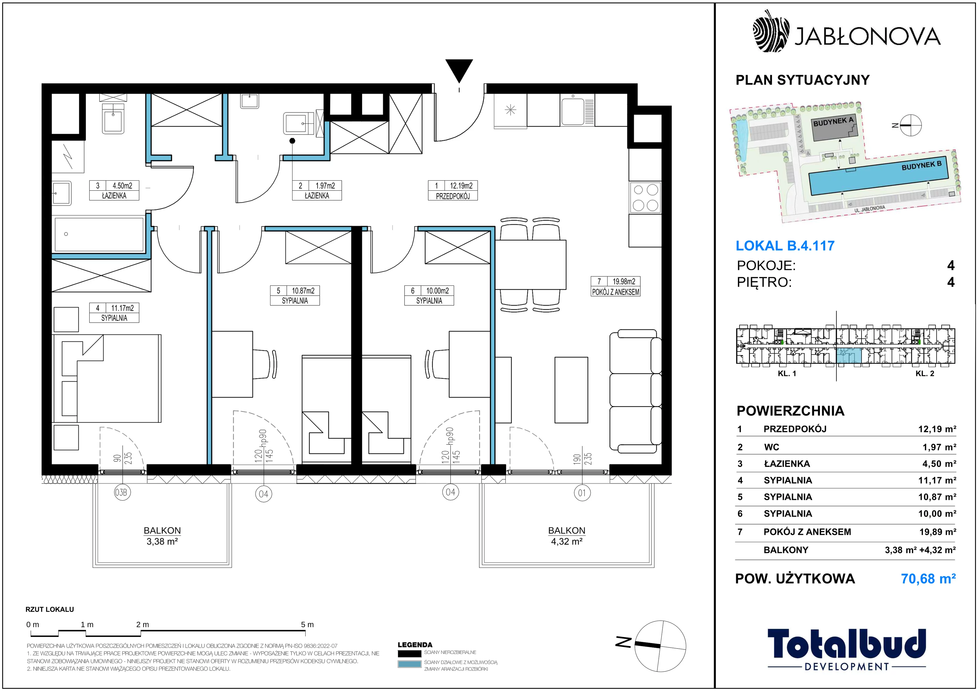 4 pokoje, mieszkanie 70,68 m², piętro 4, oferta nr B.4.117, Jabłonova Bud. B, Piaseczno, ul. Jabłoniowa