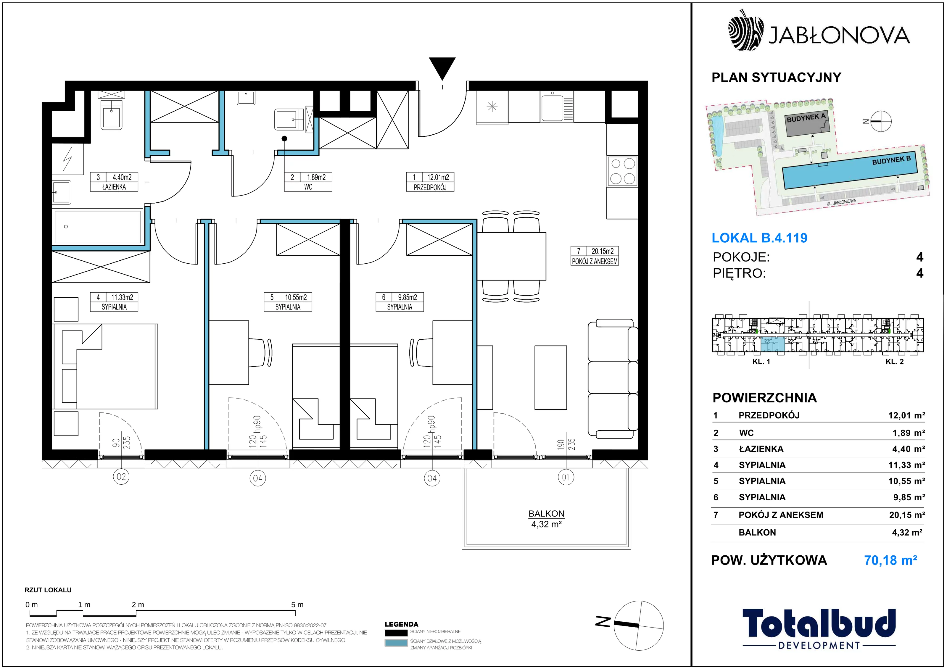 4 pokoje, mieszkanie 70,18 m², piętro 4, oferta nr B.4.119, Jabłonova Bud. B, Piaseczno, ul. Jabłoniowa