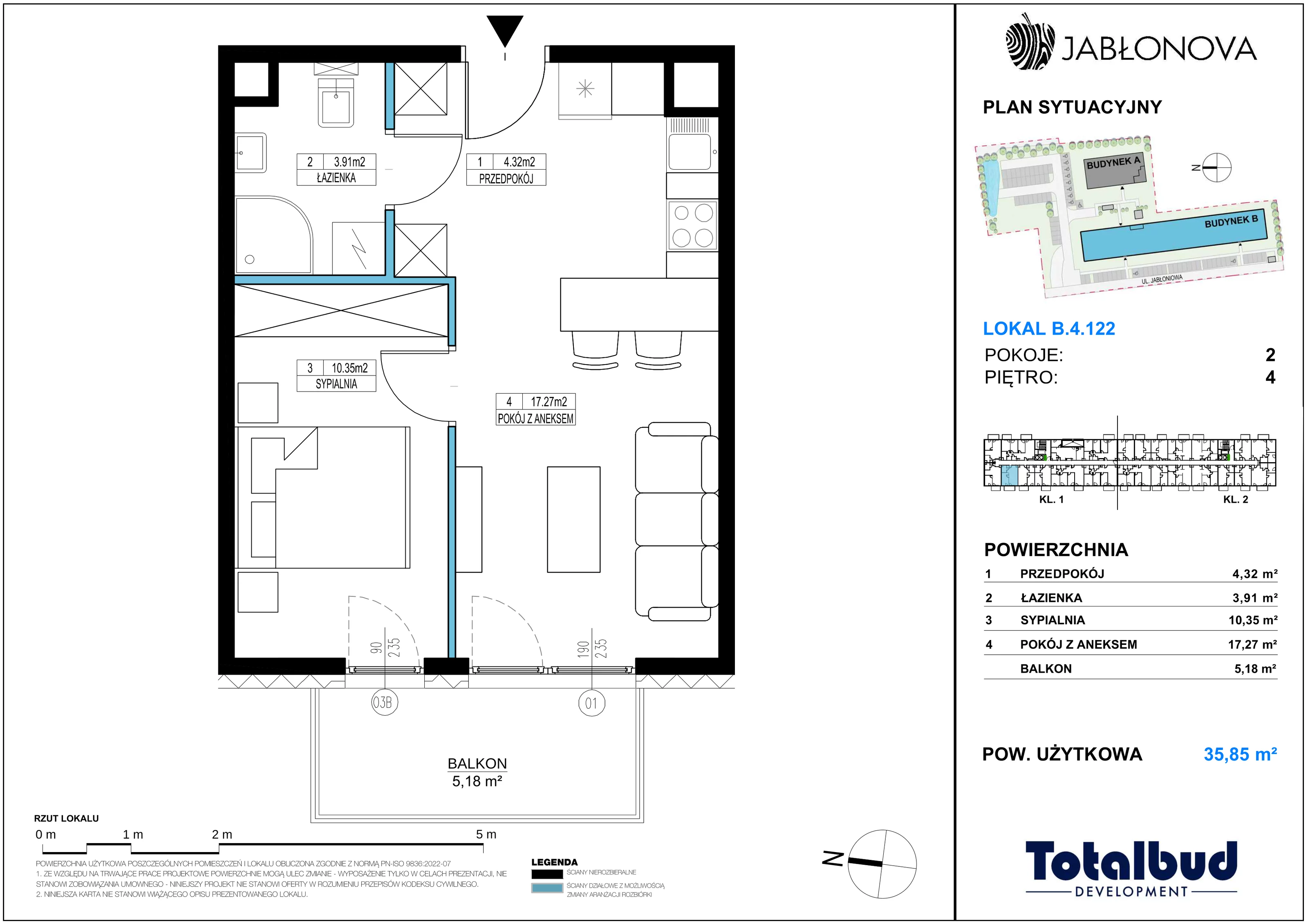 2 pokoje, mieszkanie 35,85 m², piętro 4, oferta nr B.4.122, Jabłonova Bud. B, Piaseczno, ul. Jabłoniowa